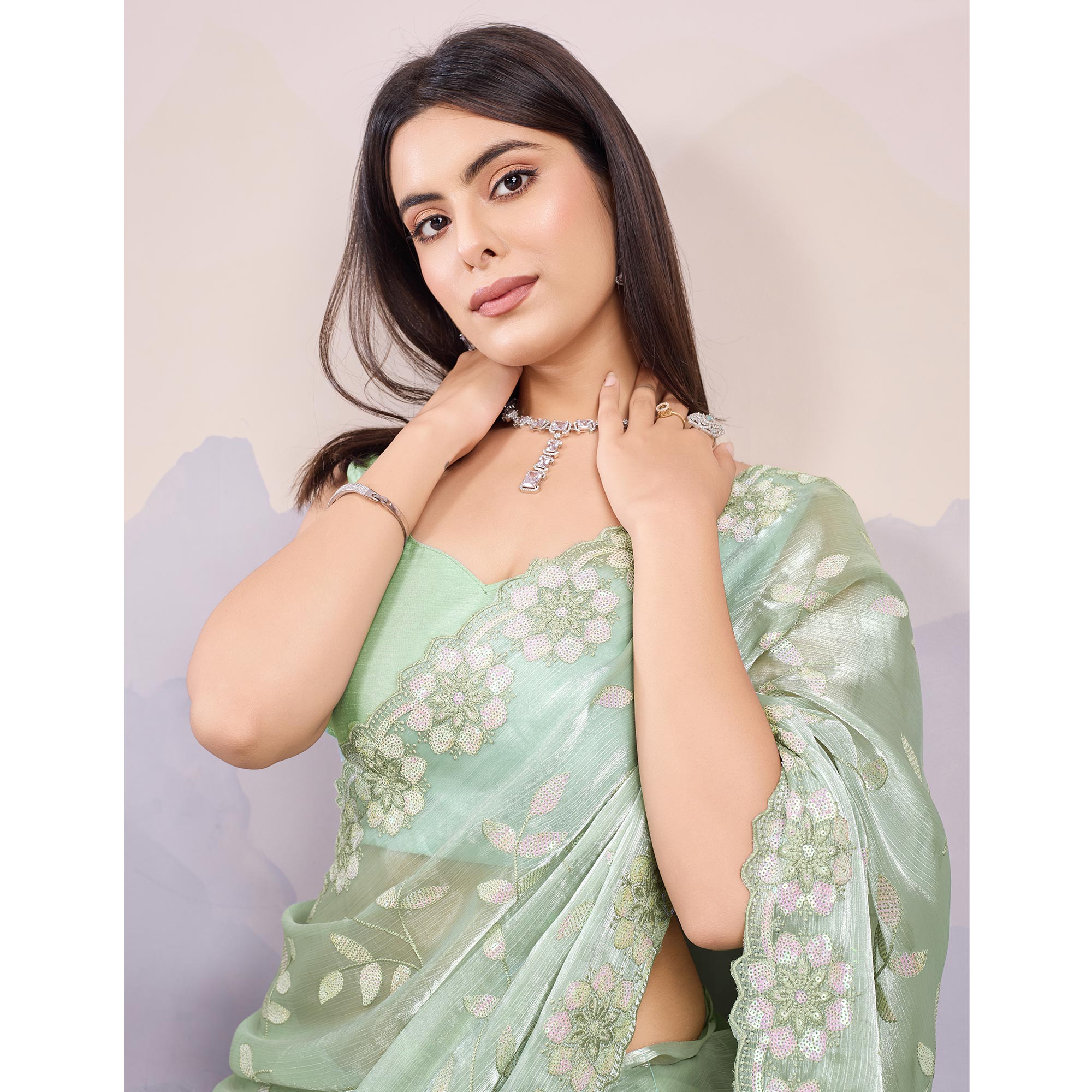 Mint Green Sequins Embroidered Art Silk Saree