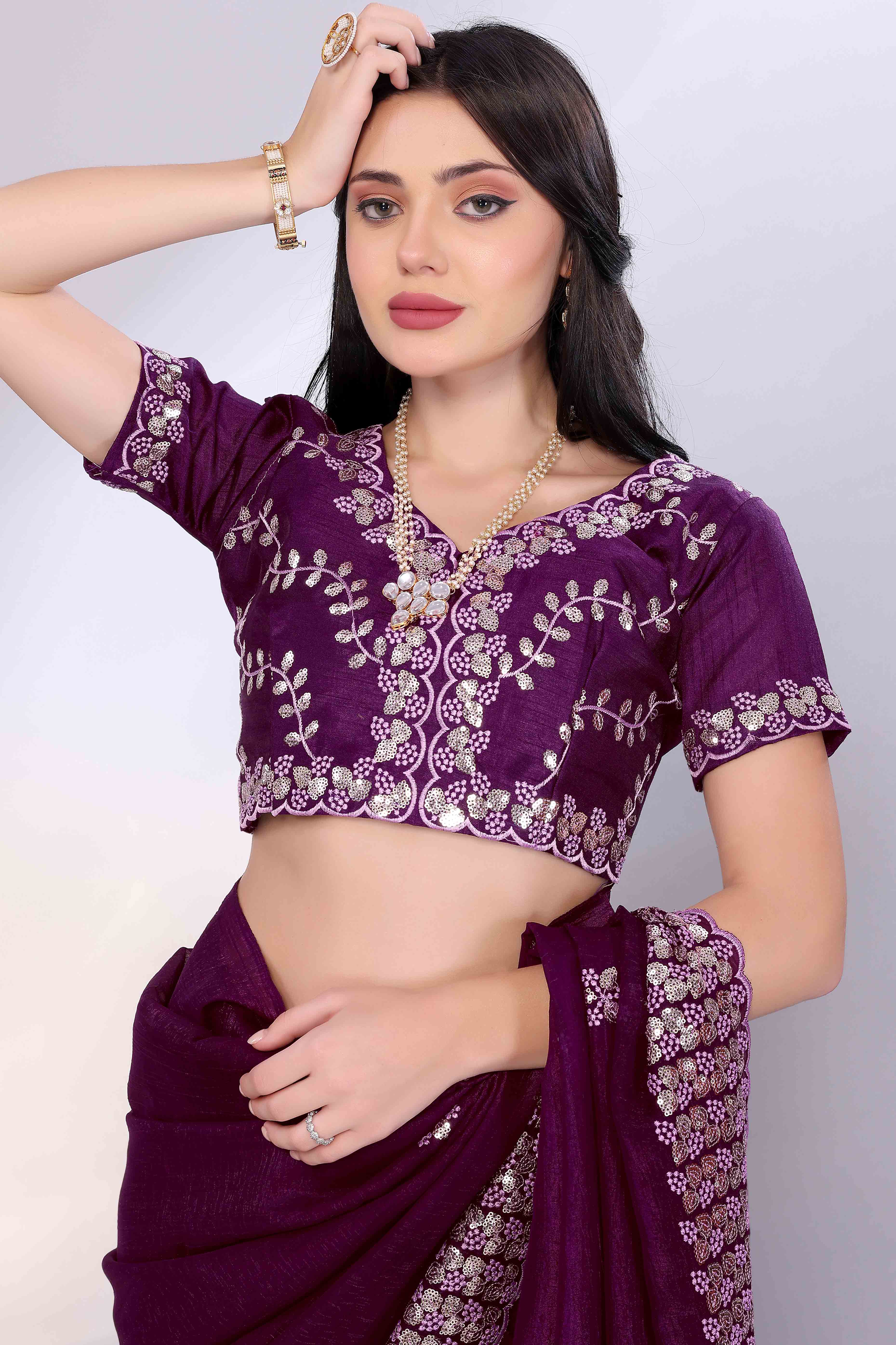 Wine Crunchy Organza Silk Saree Adorned With Intricate Floral Sequins Embroidery