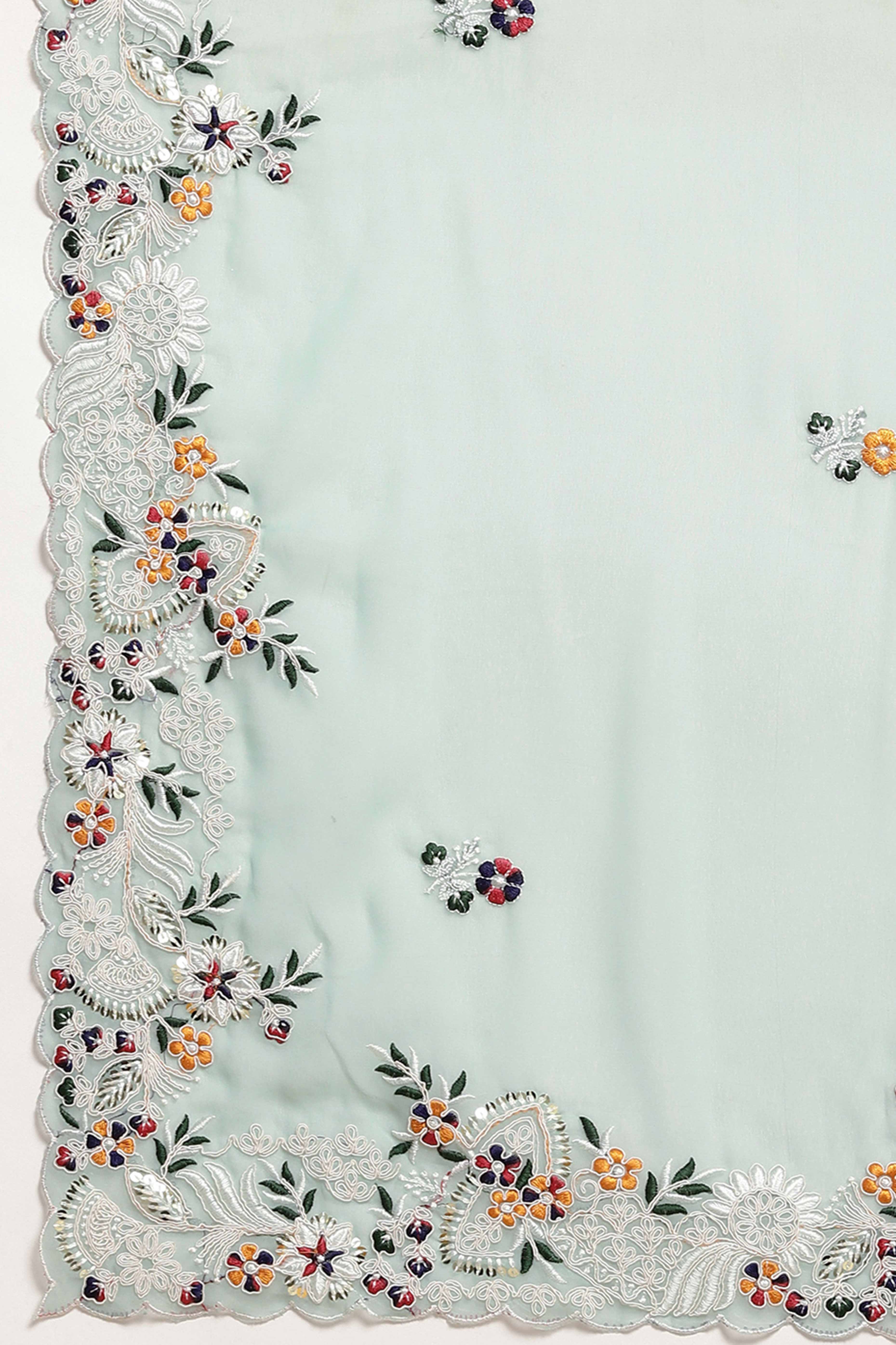 Partywear Mint Green Georgette Saree with Floral Embroidery