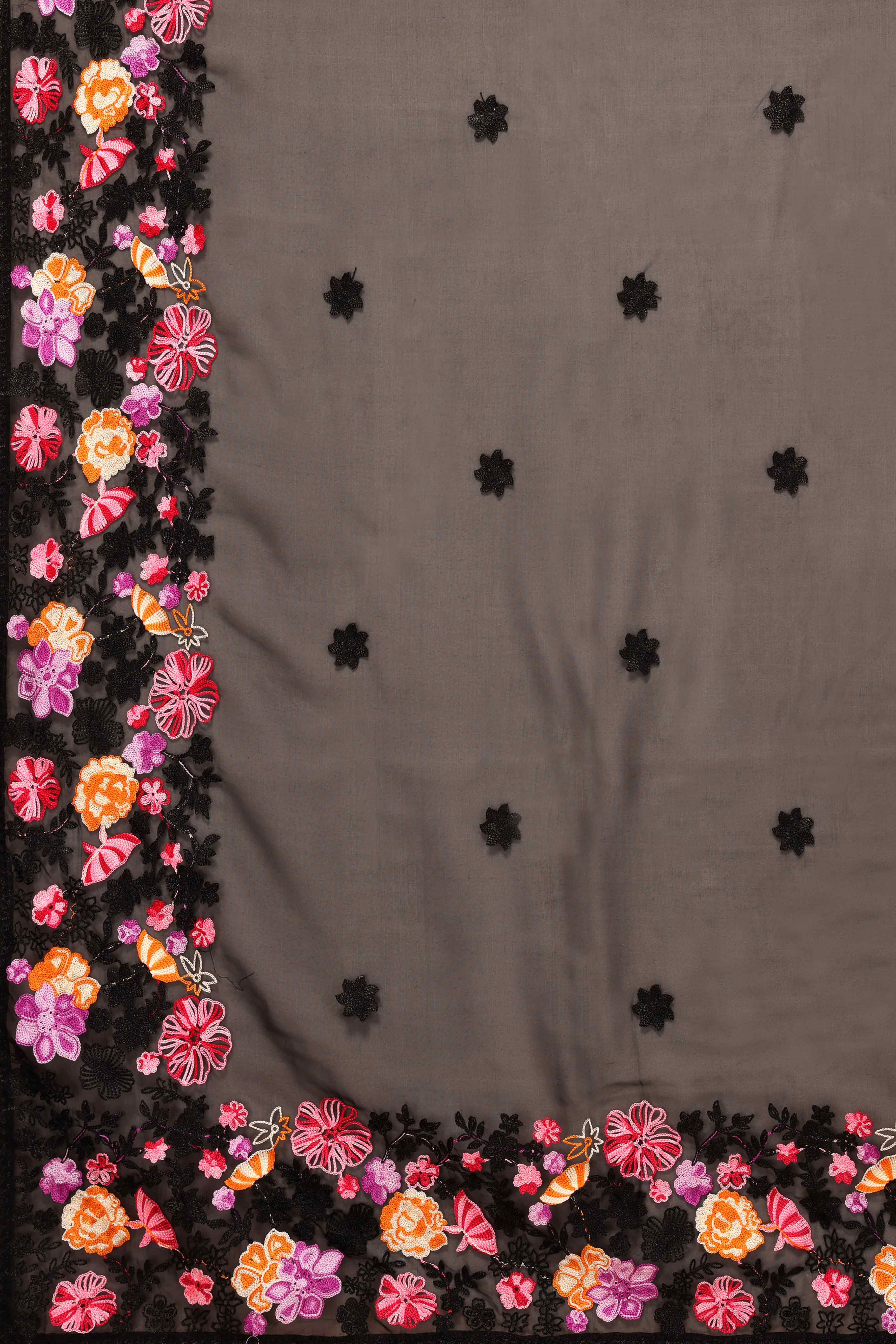 Black Floral Embroidered Organza Saree