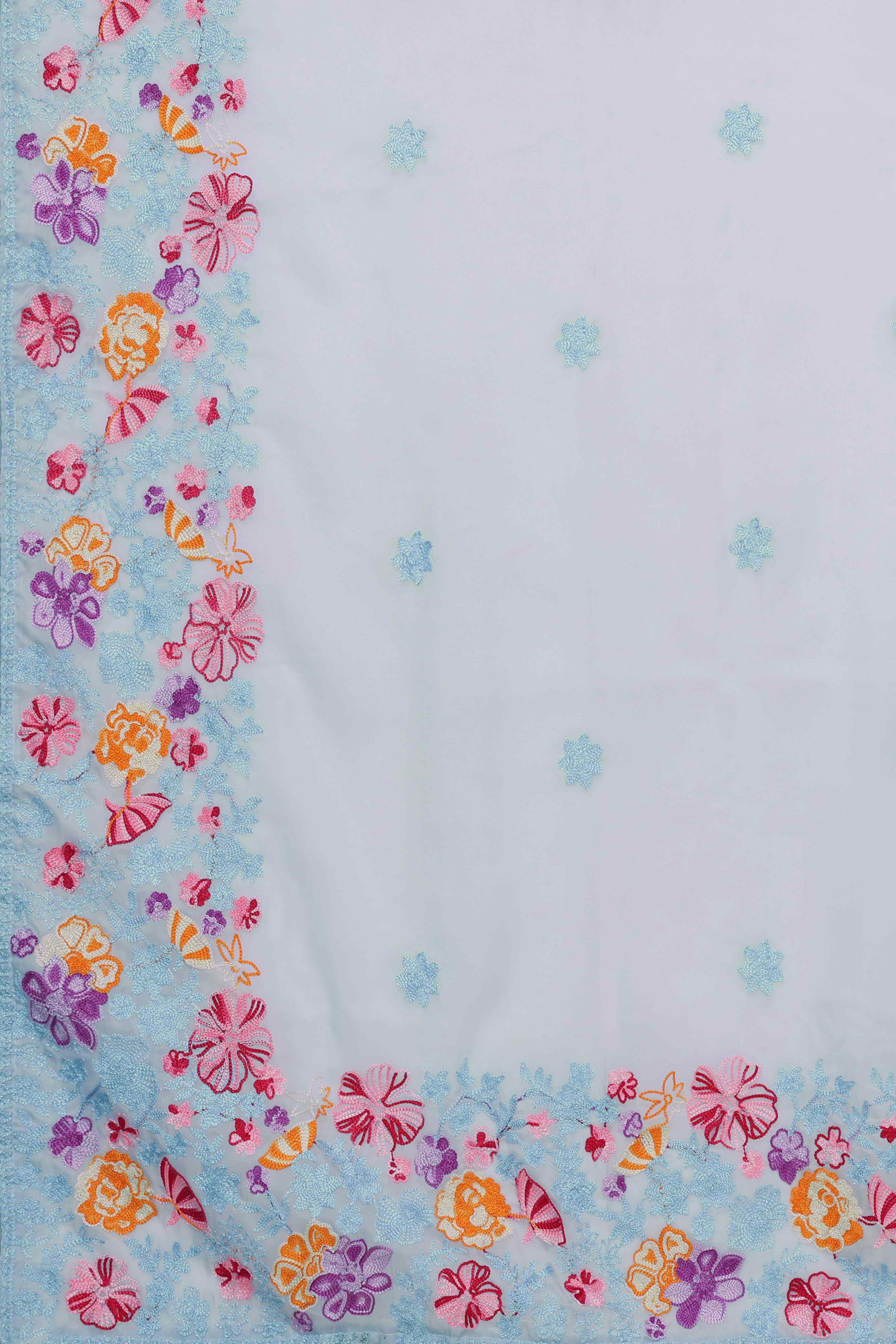 Blue Floral Embroidered Organza Saree