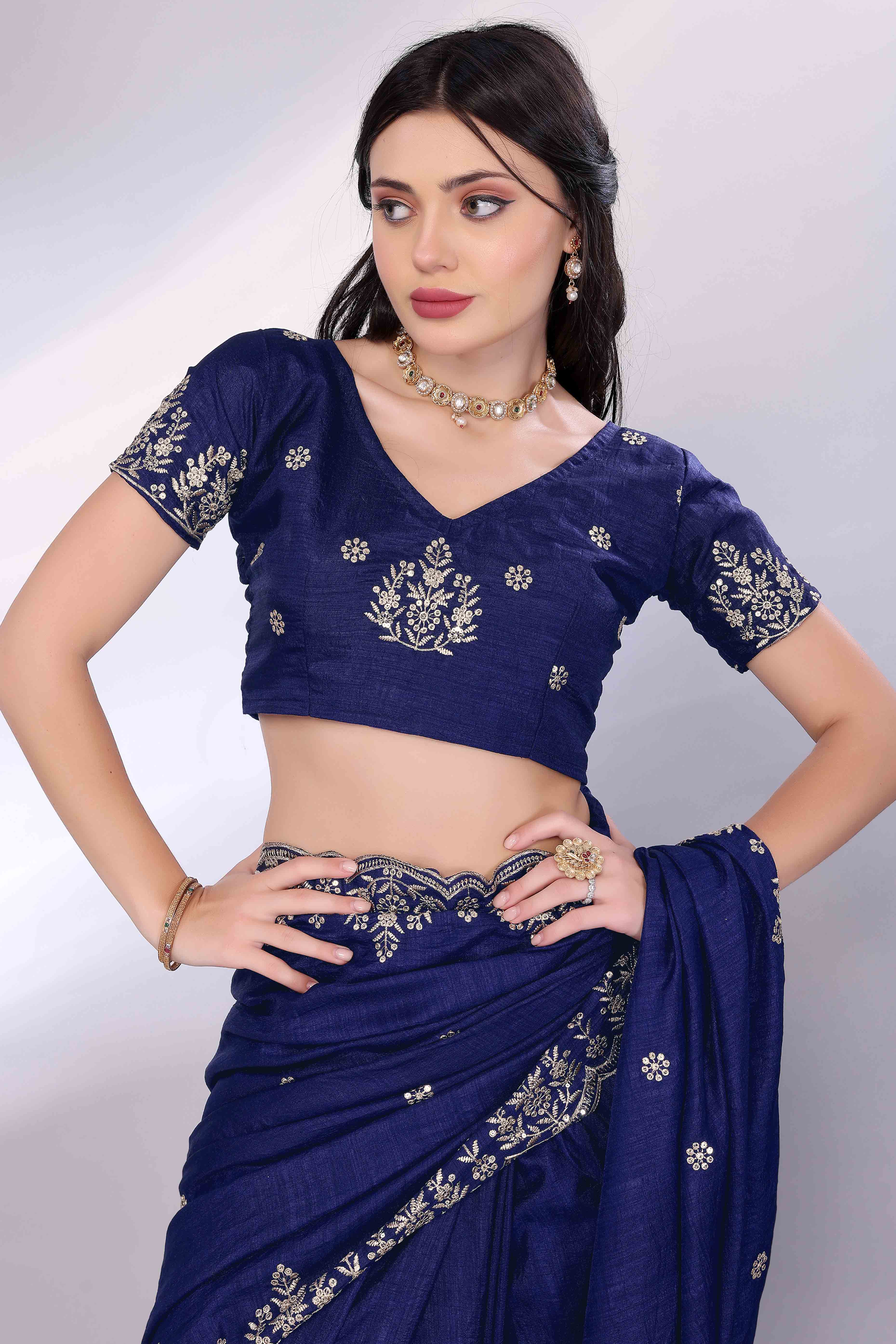 Blue Zari Embroidered Saree In Vichitra Silk With Shimmering Floral Sequins Work