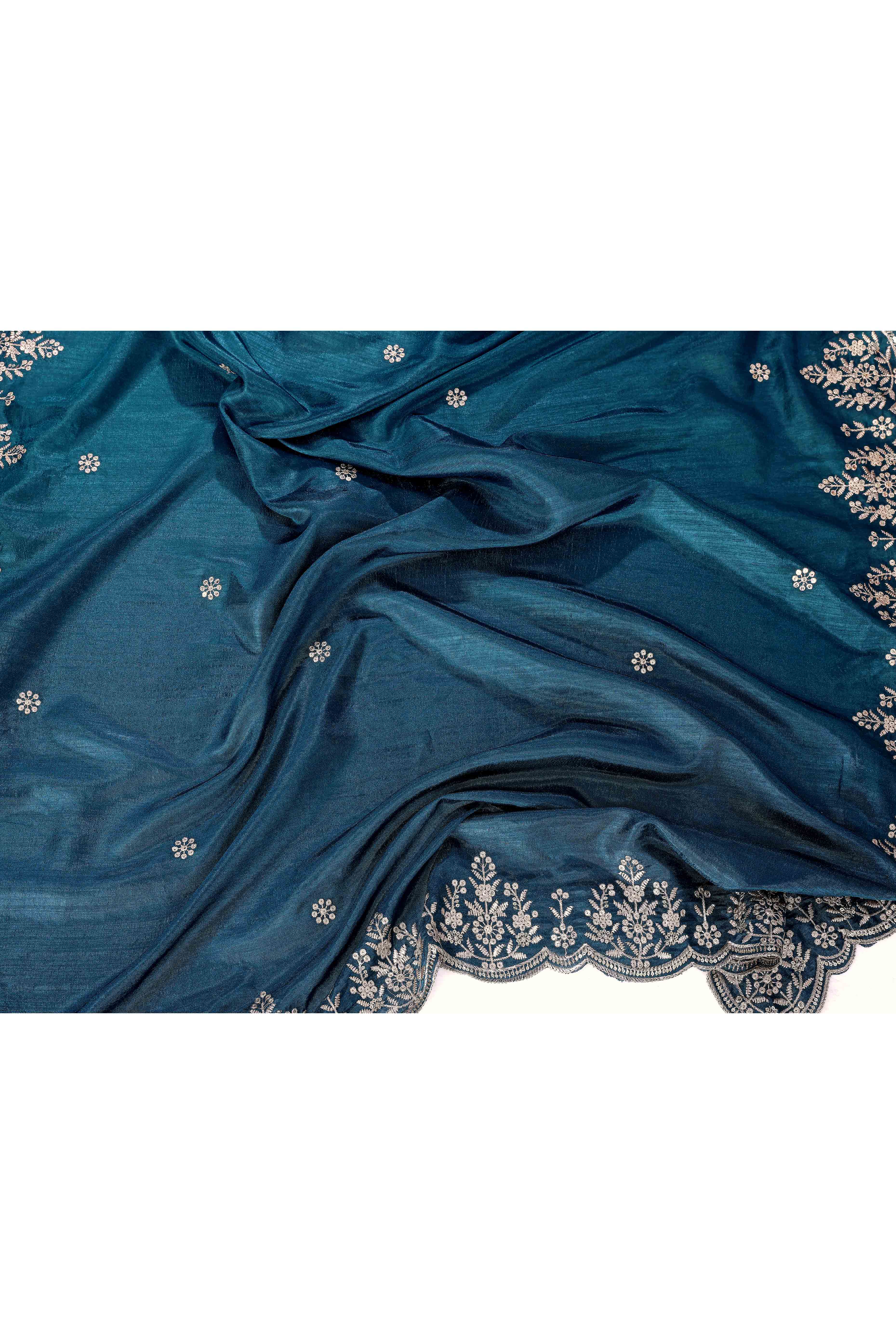 Morpich Blue Zari Embroidered Saree In Vichitra Silk With Shimmering Floral Sequins Work