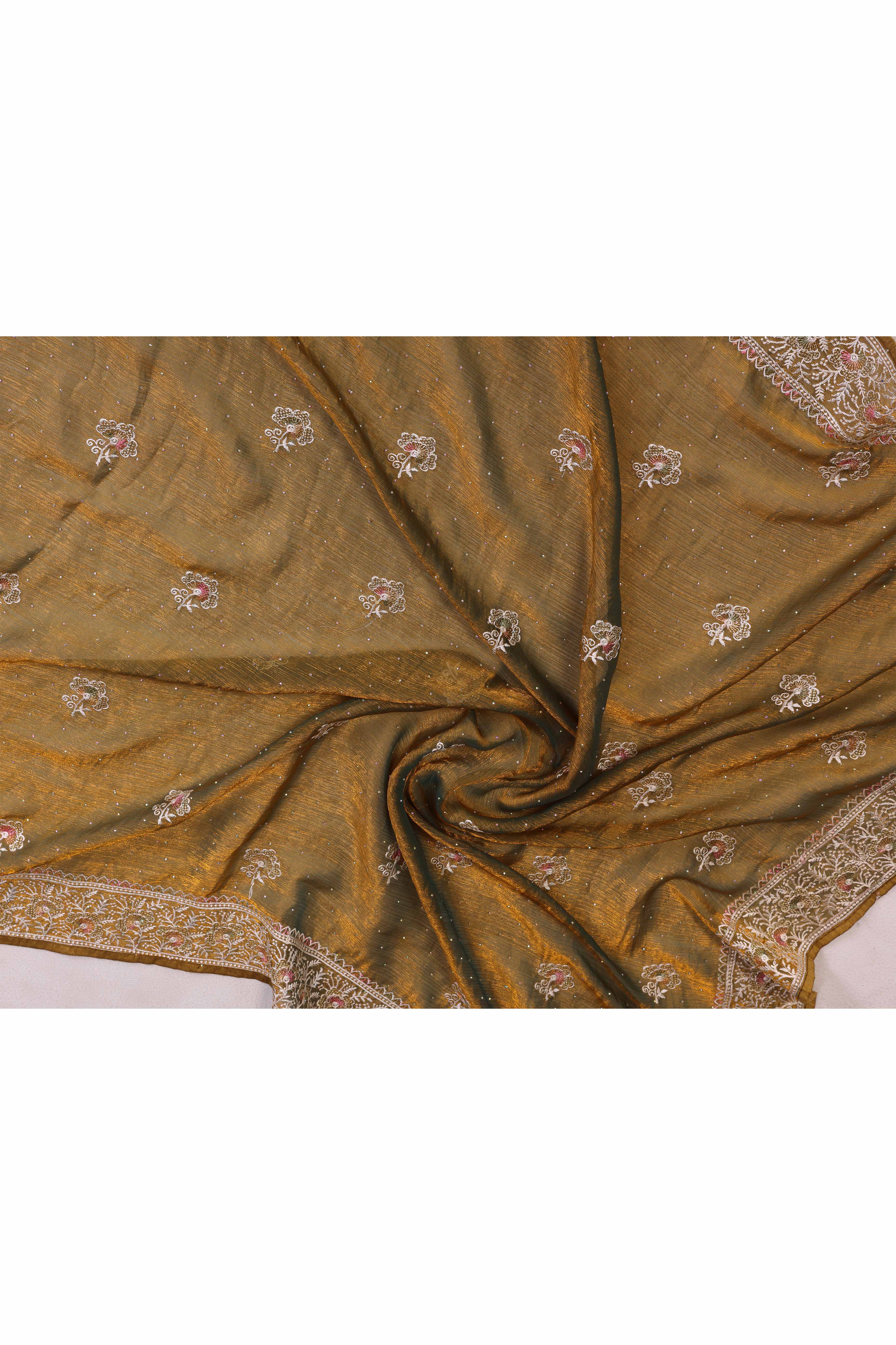 Olive Chiffon Saree with Intricate Embroidery and Floral Patterns