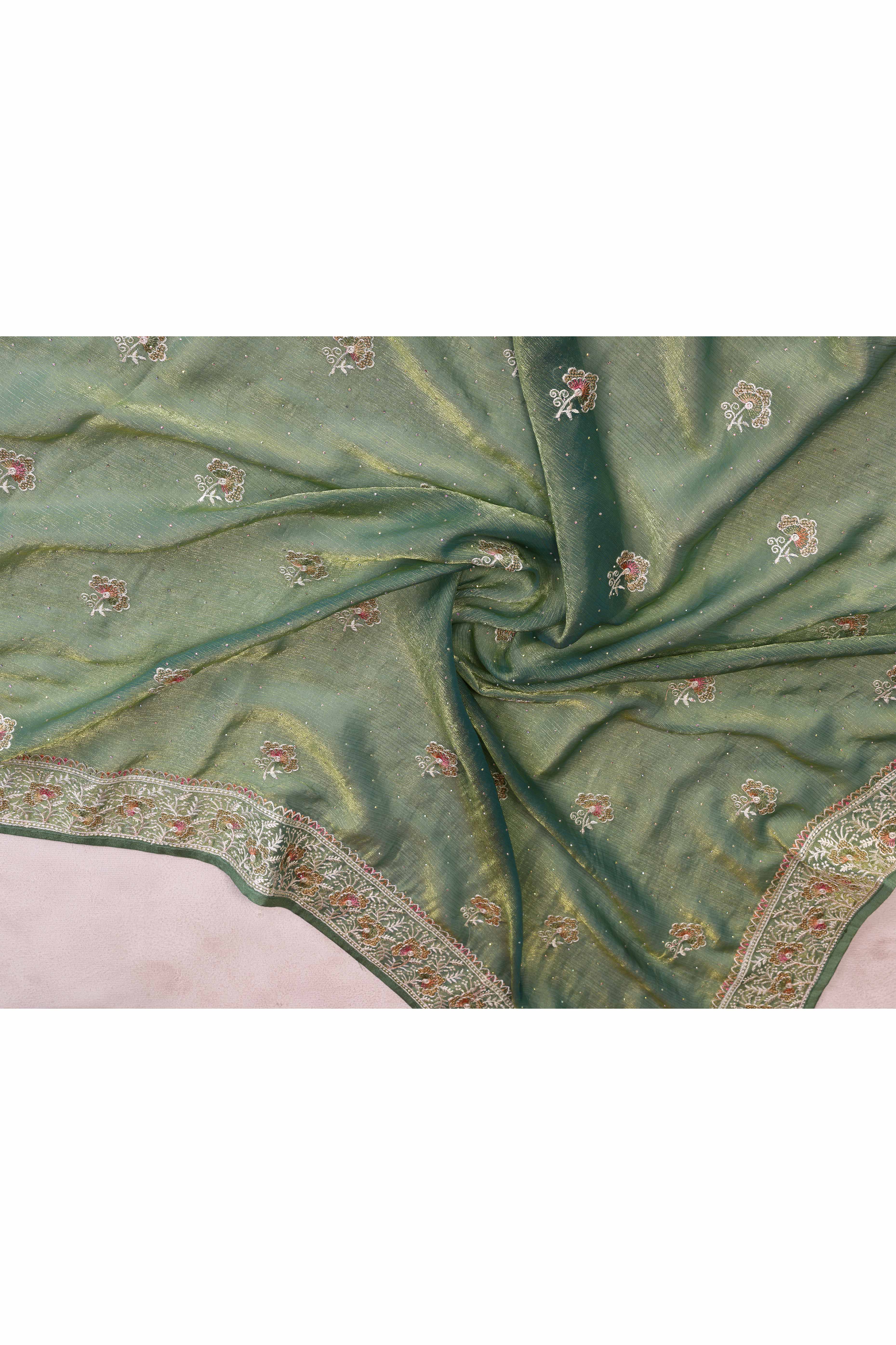 Sea Green Chiffon Saree with Intricate Embroidery and Floral Patterns