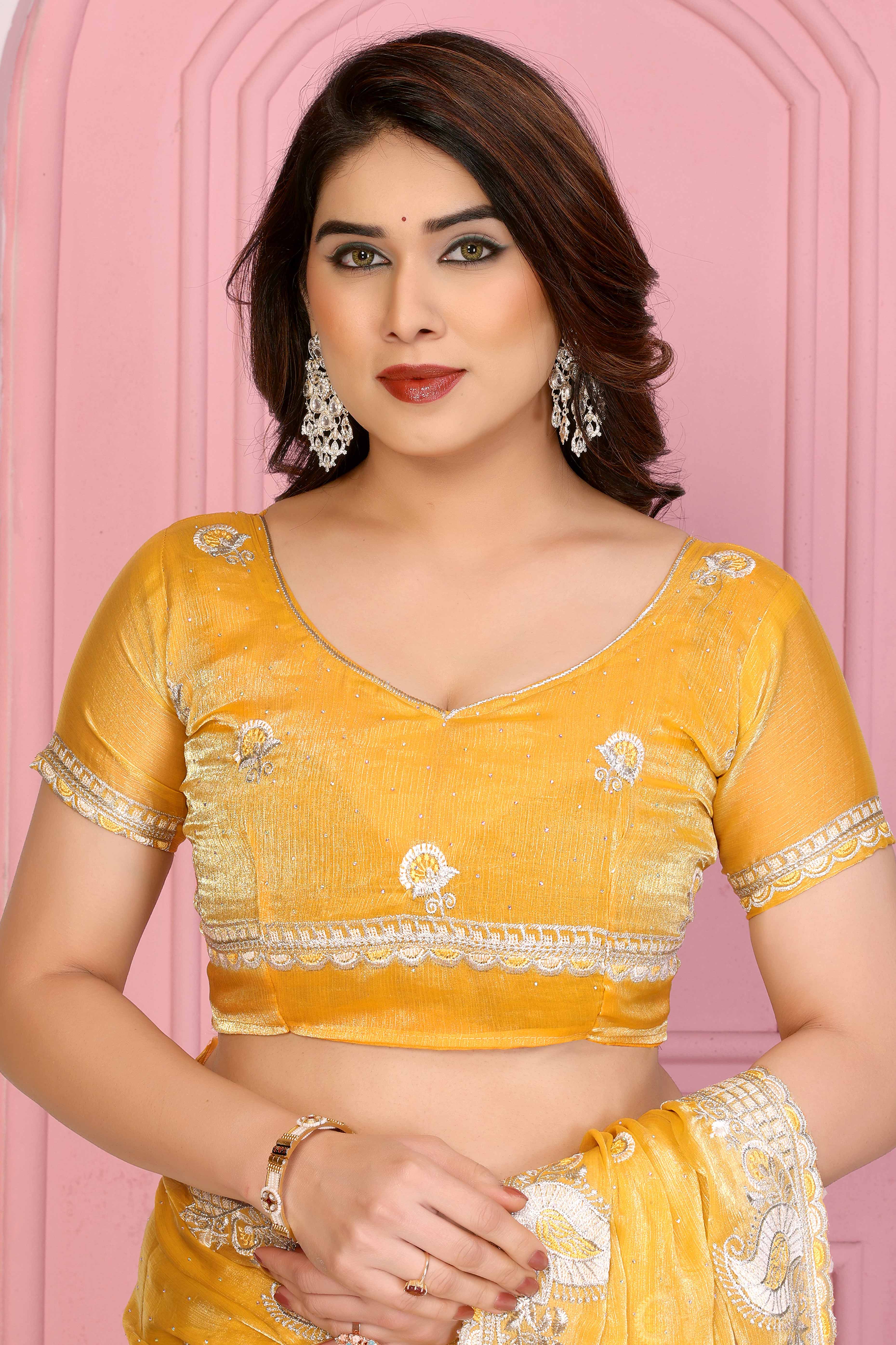 Yellow Chiffon Saree Featuring Floral Thread Embroidery With Stone Embellishments