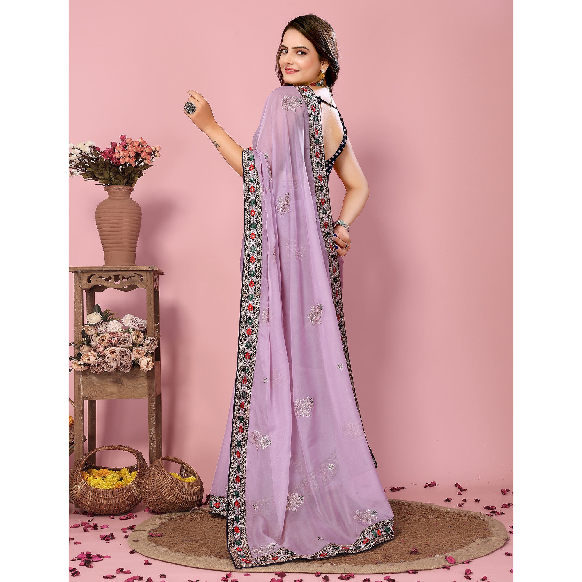 Lavender Floral Sequins Embroidered Organza Saree