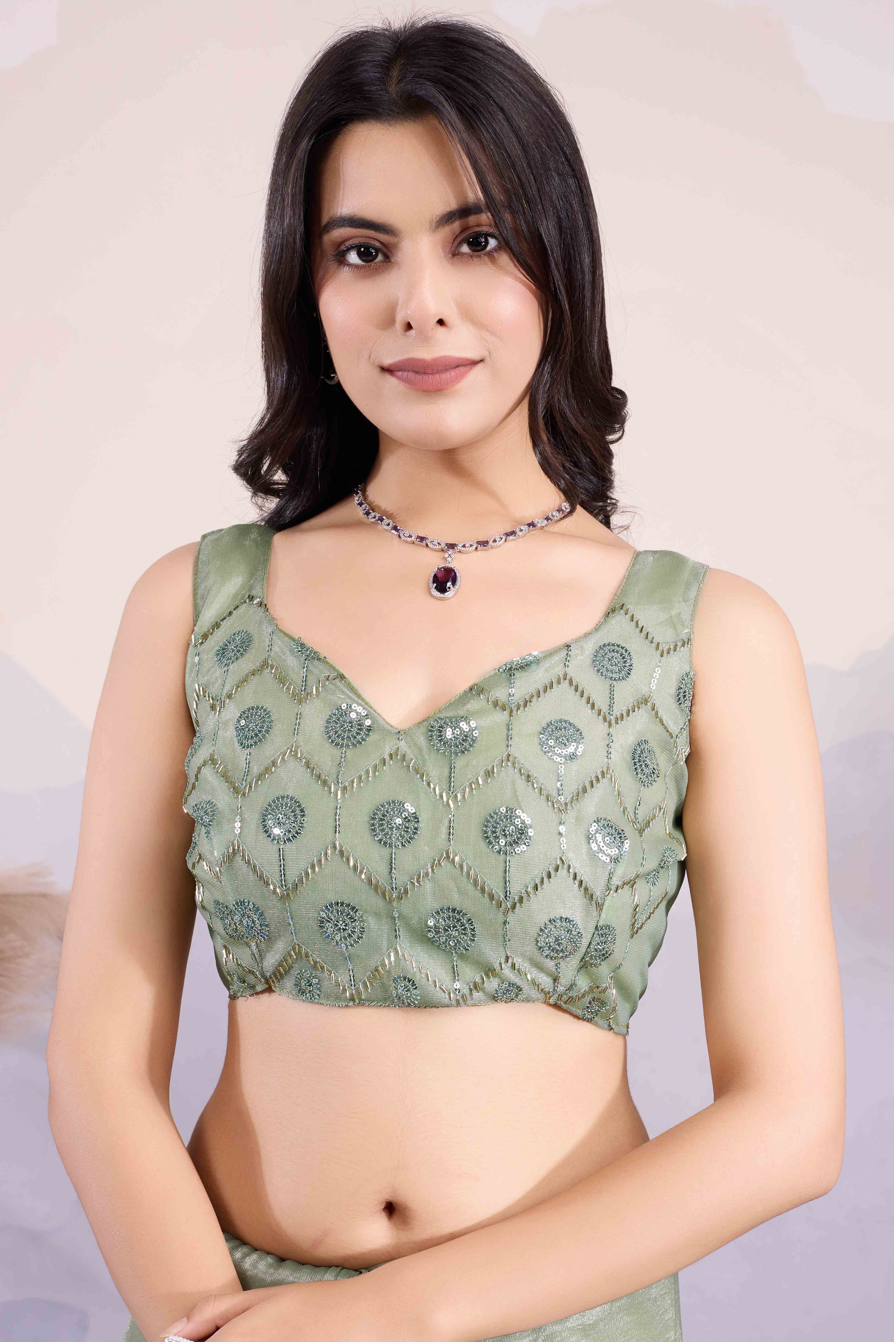 Green Sequins Embroidered Twill Net Saree