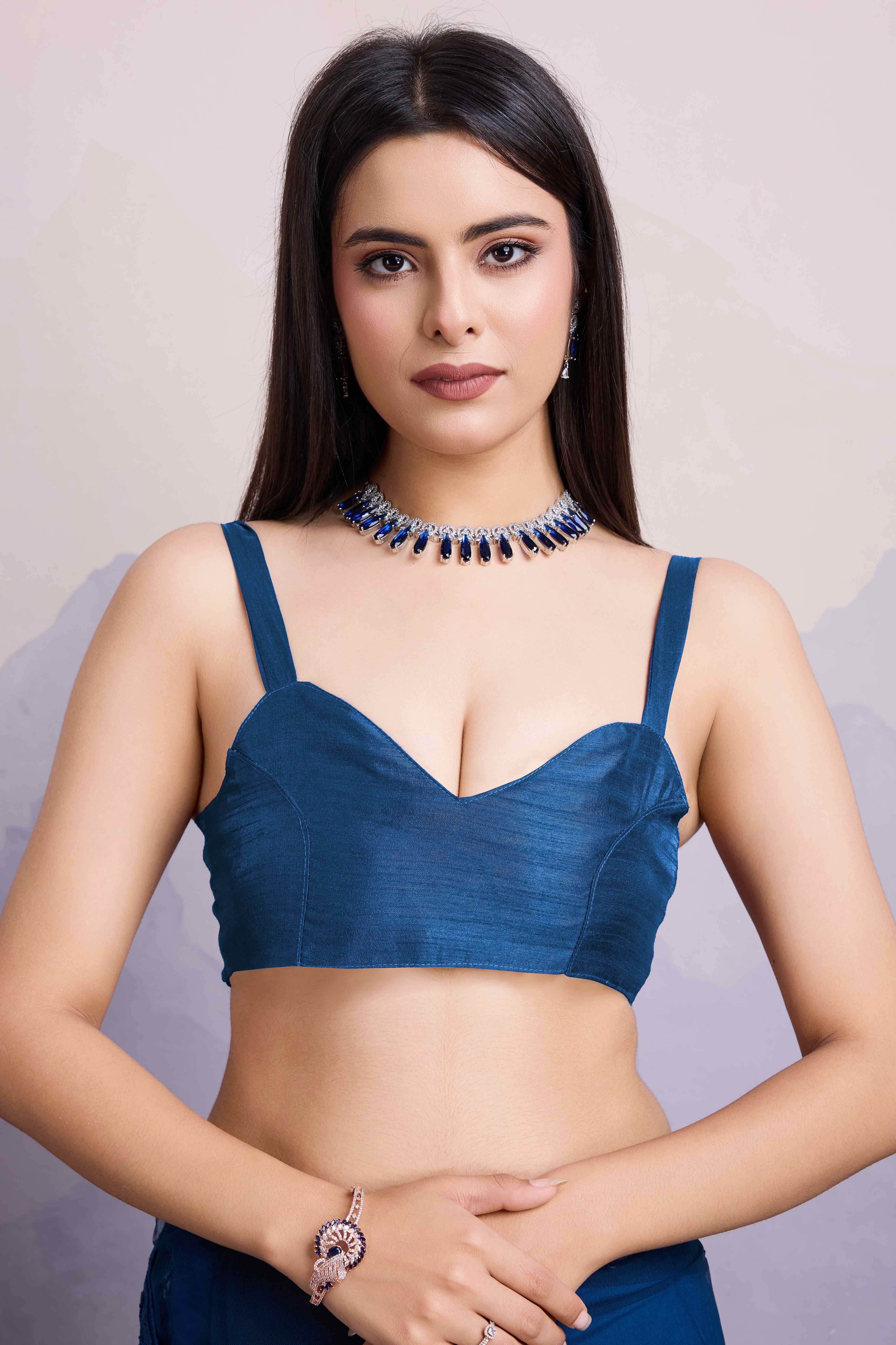 Navy Blue Floral Embroidered Net Saree