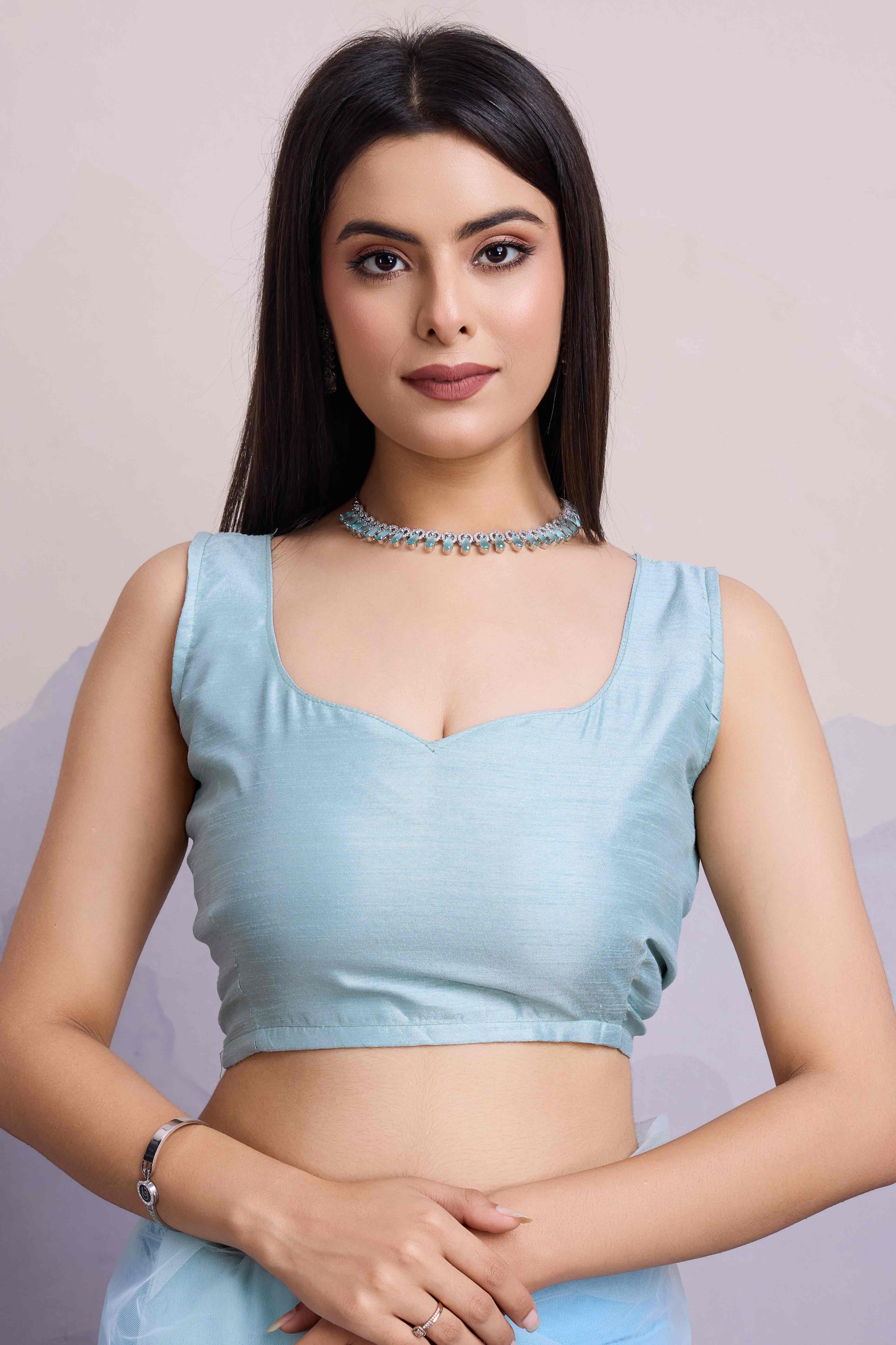 Sky Blue Floral Embroidered Net Saree