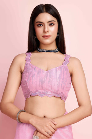 Onion Pink Sequins Embroidered Silver Twill Net Saree