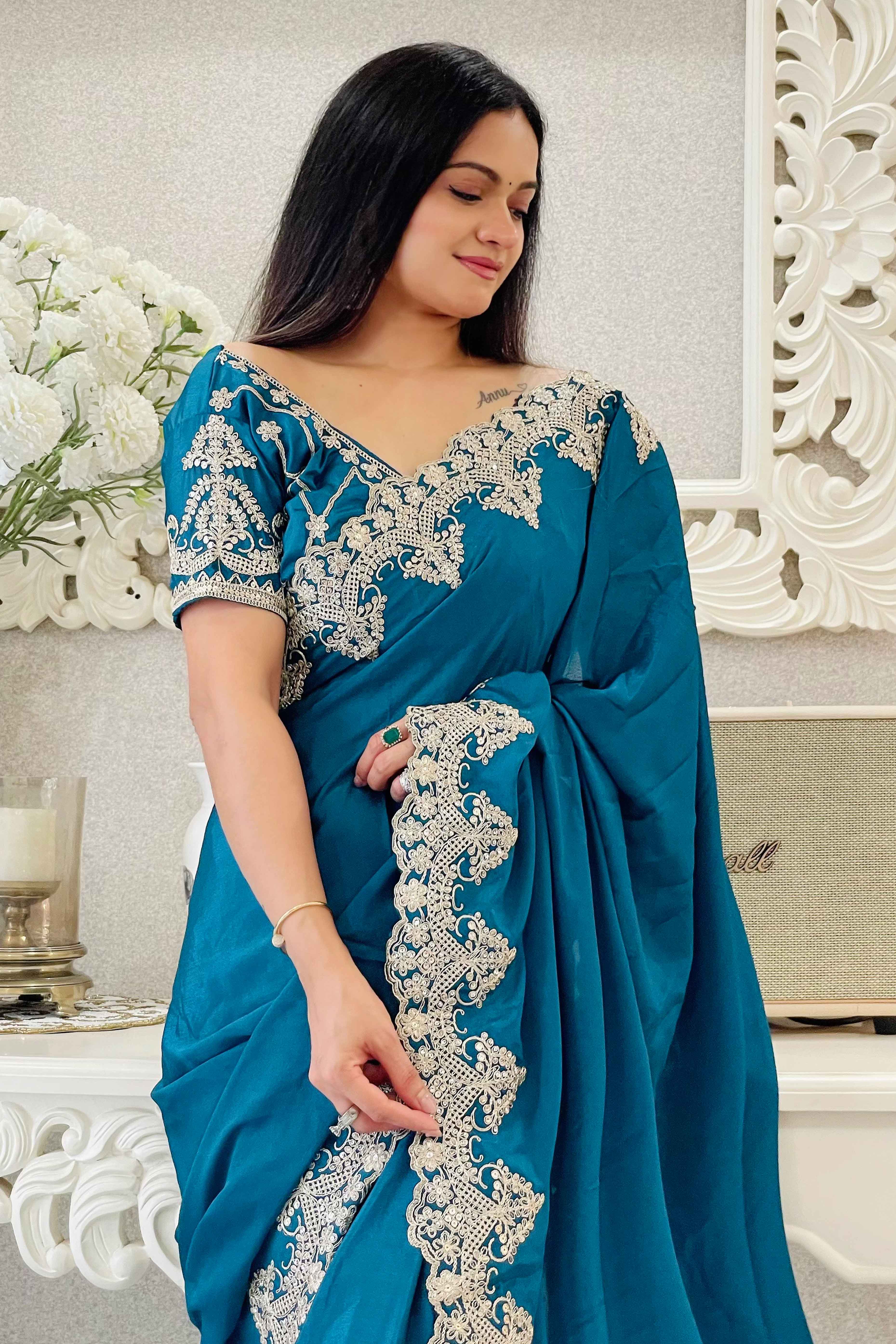 Blue Chinon Silk Blend Saree With Intricate Sequins & Cording Embroidery