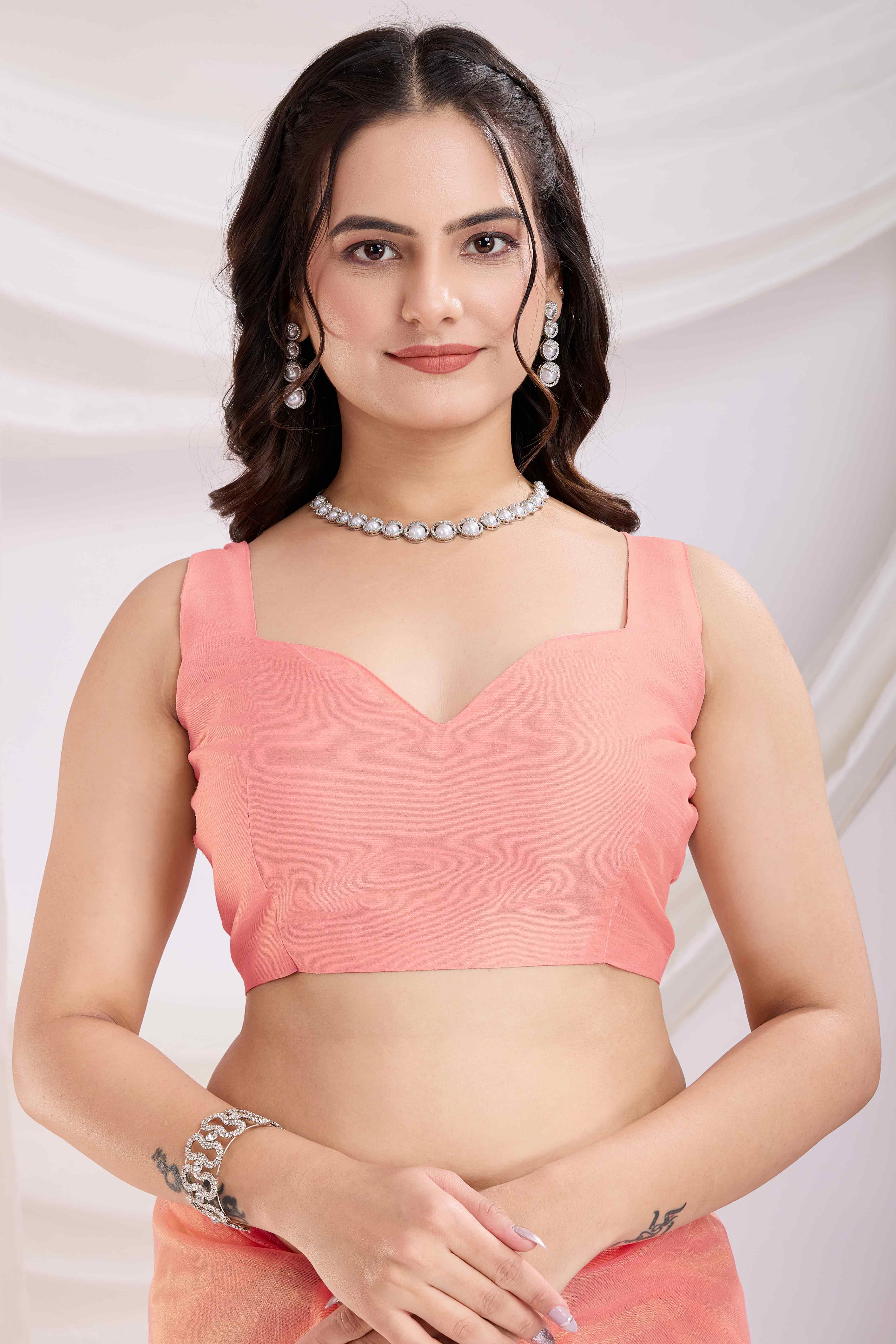 Peach Floral Sequins Embroidered Twill Net Saree