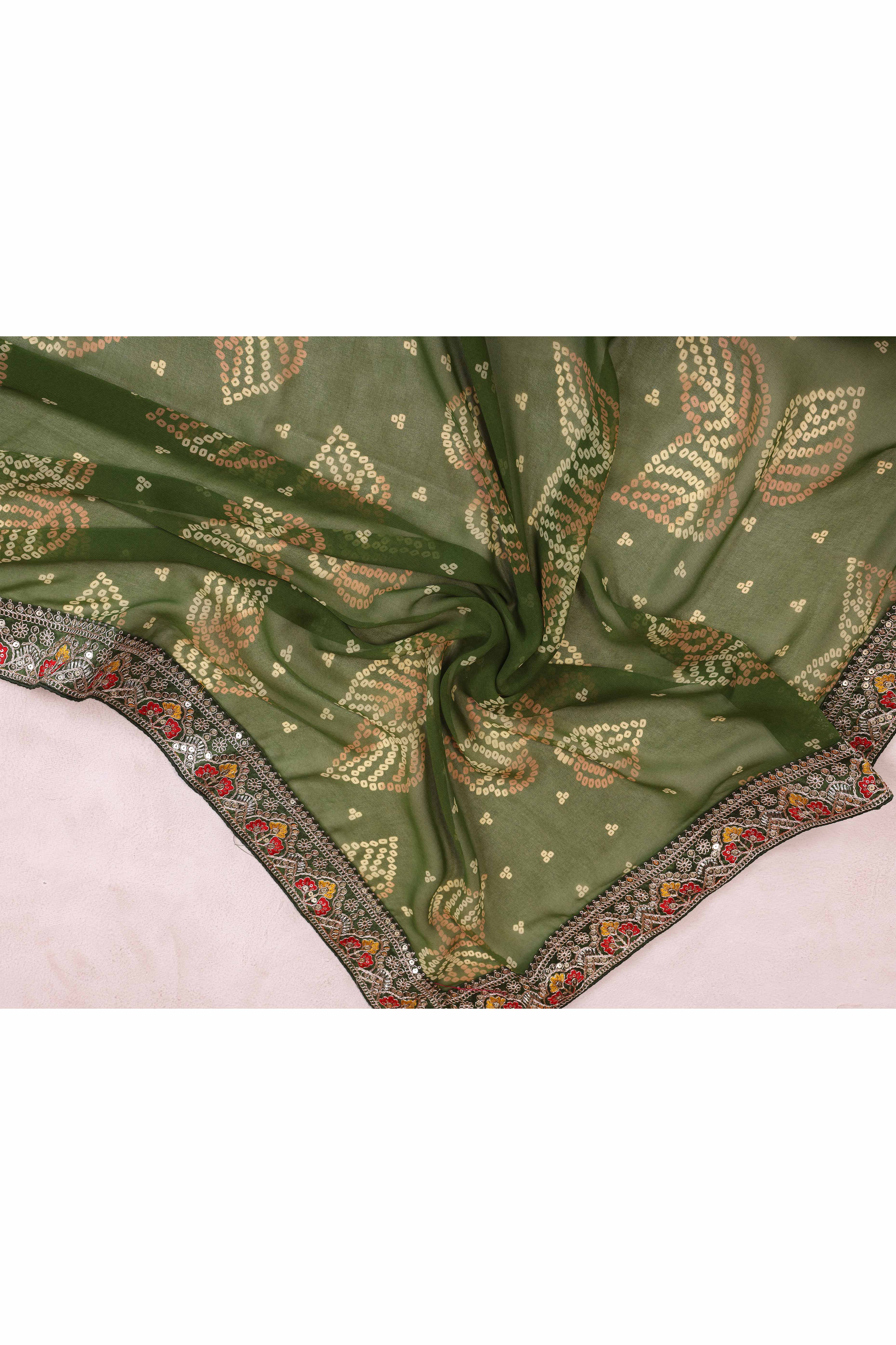 Green Georgette Saree with Traditional Bandhani Print and Lace Accents