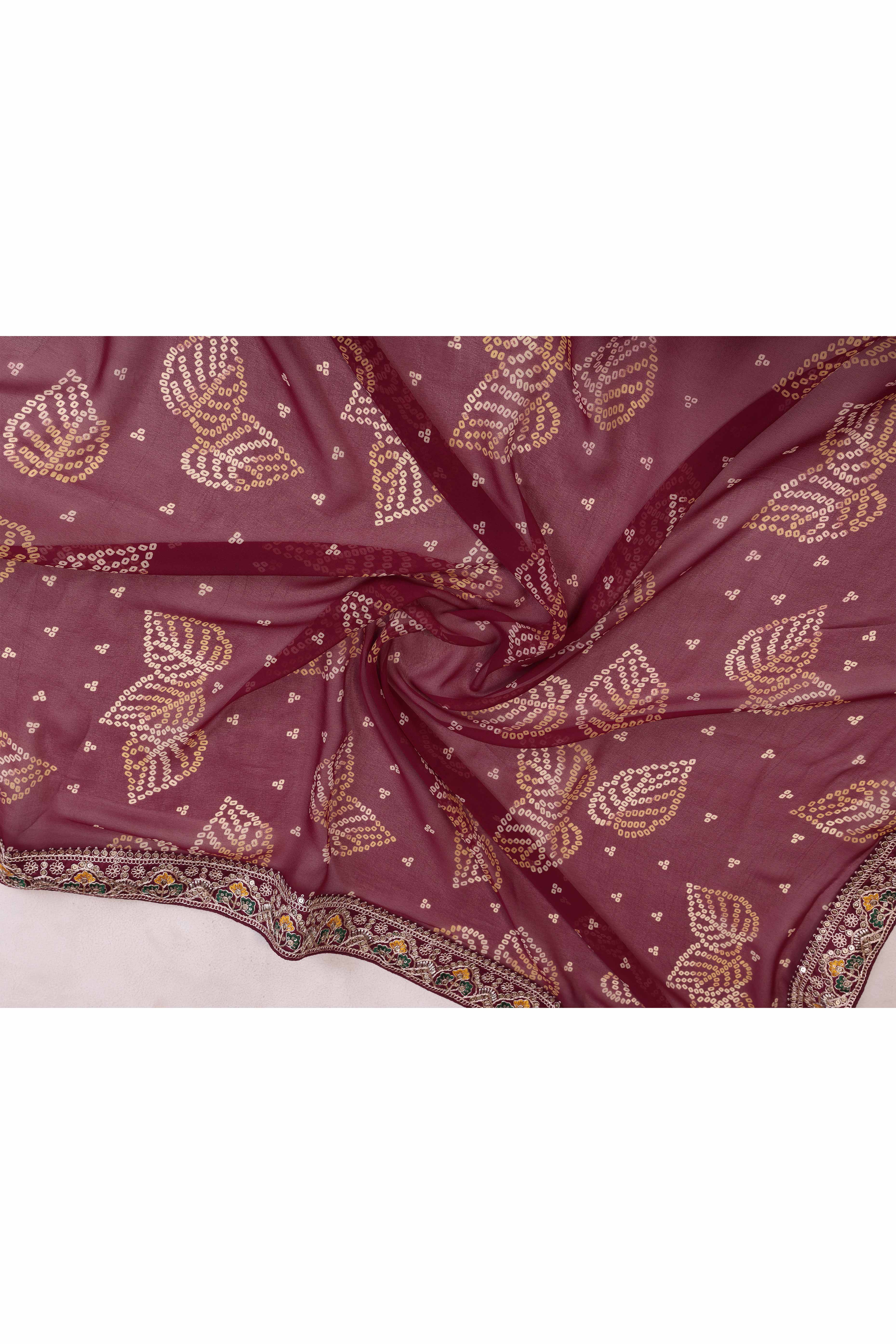 Maroon Georgette Saree with Traditional Bandhani Print and Lace Accents