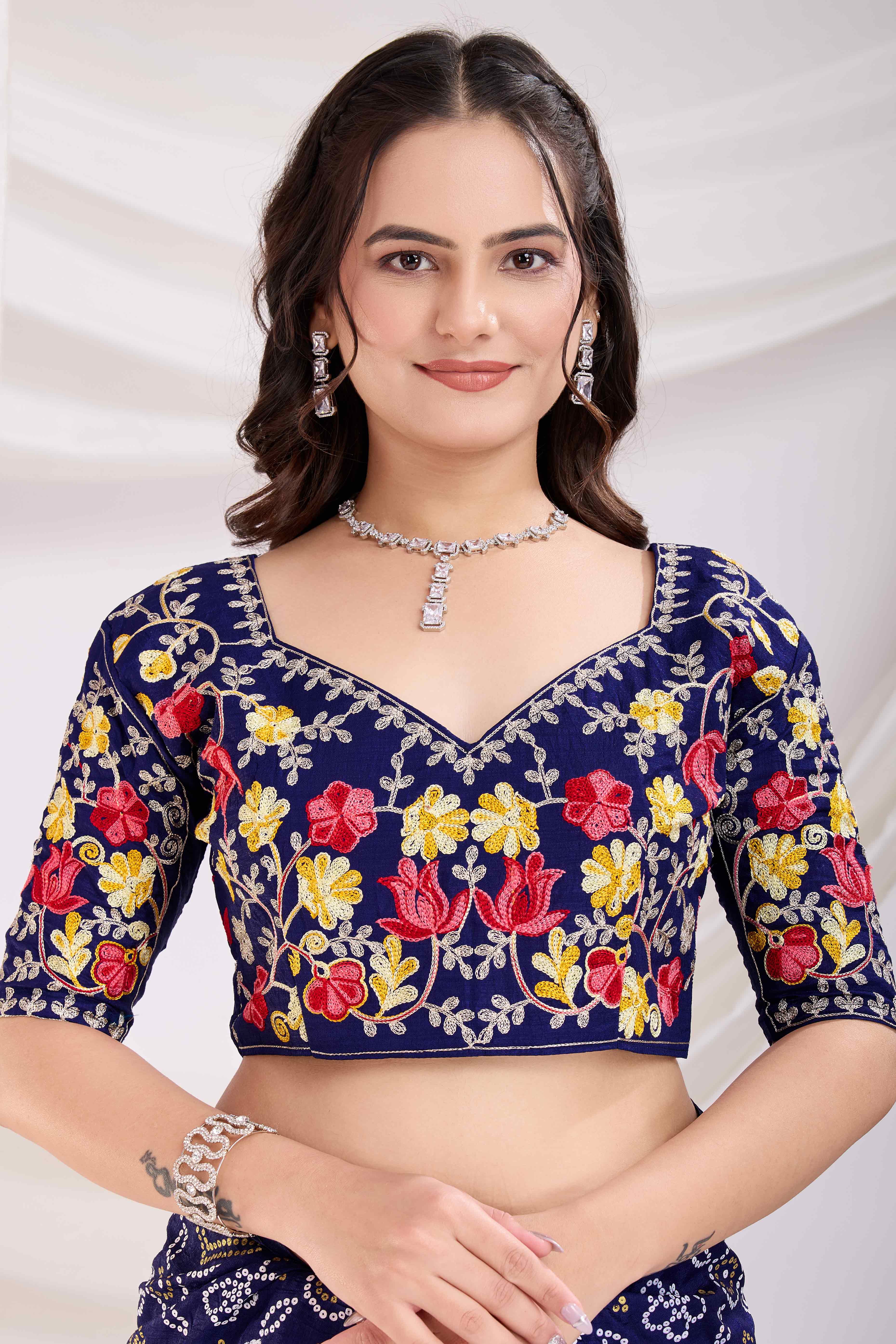 Navy Blue Bandhani Printed Vichitra Silk Saree With Embroidery Border