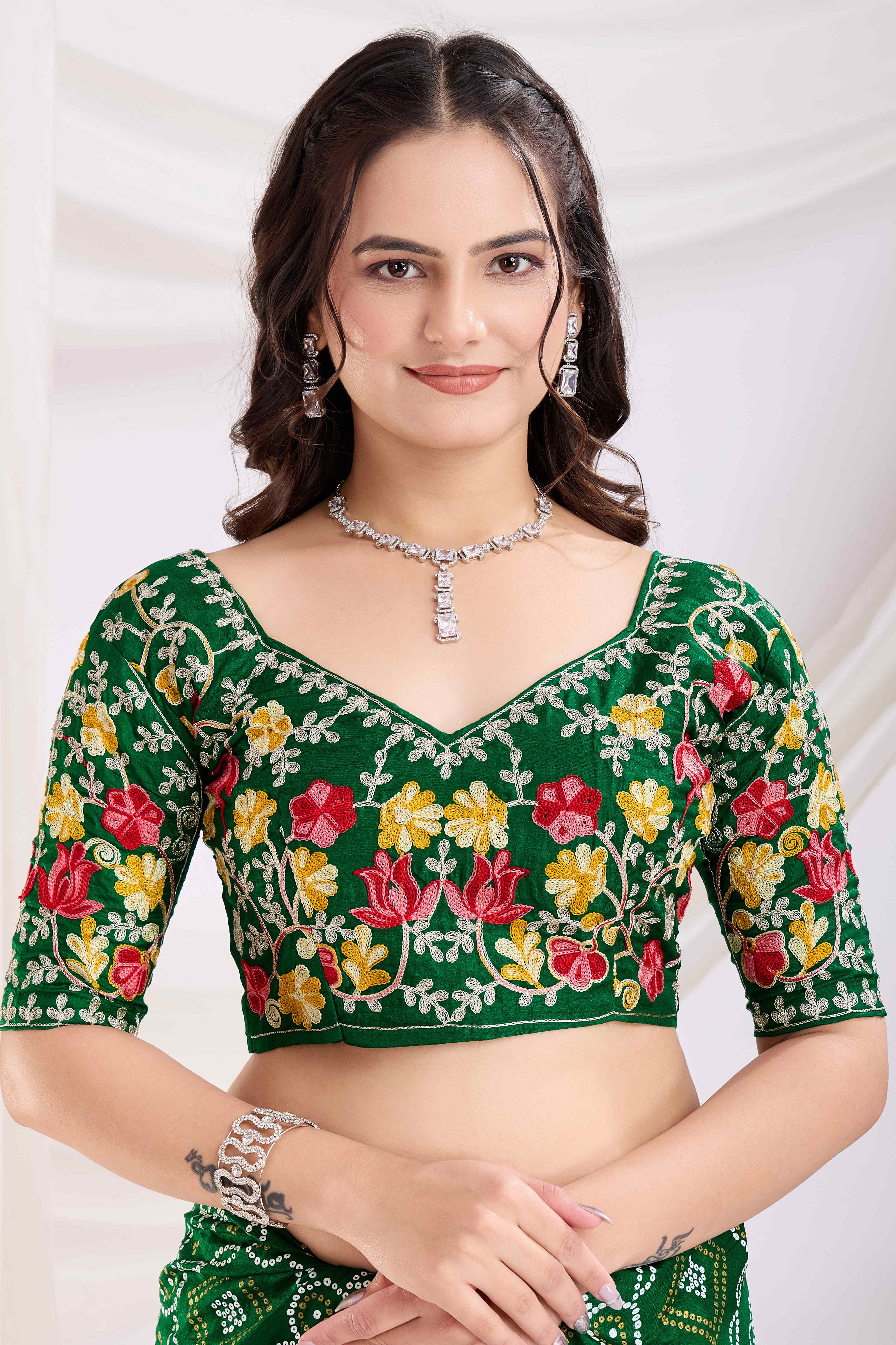 Green Bandhani Printed Vichitra Silk Saree With Embroidery Border