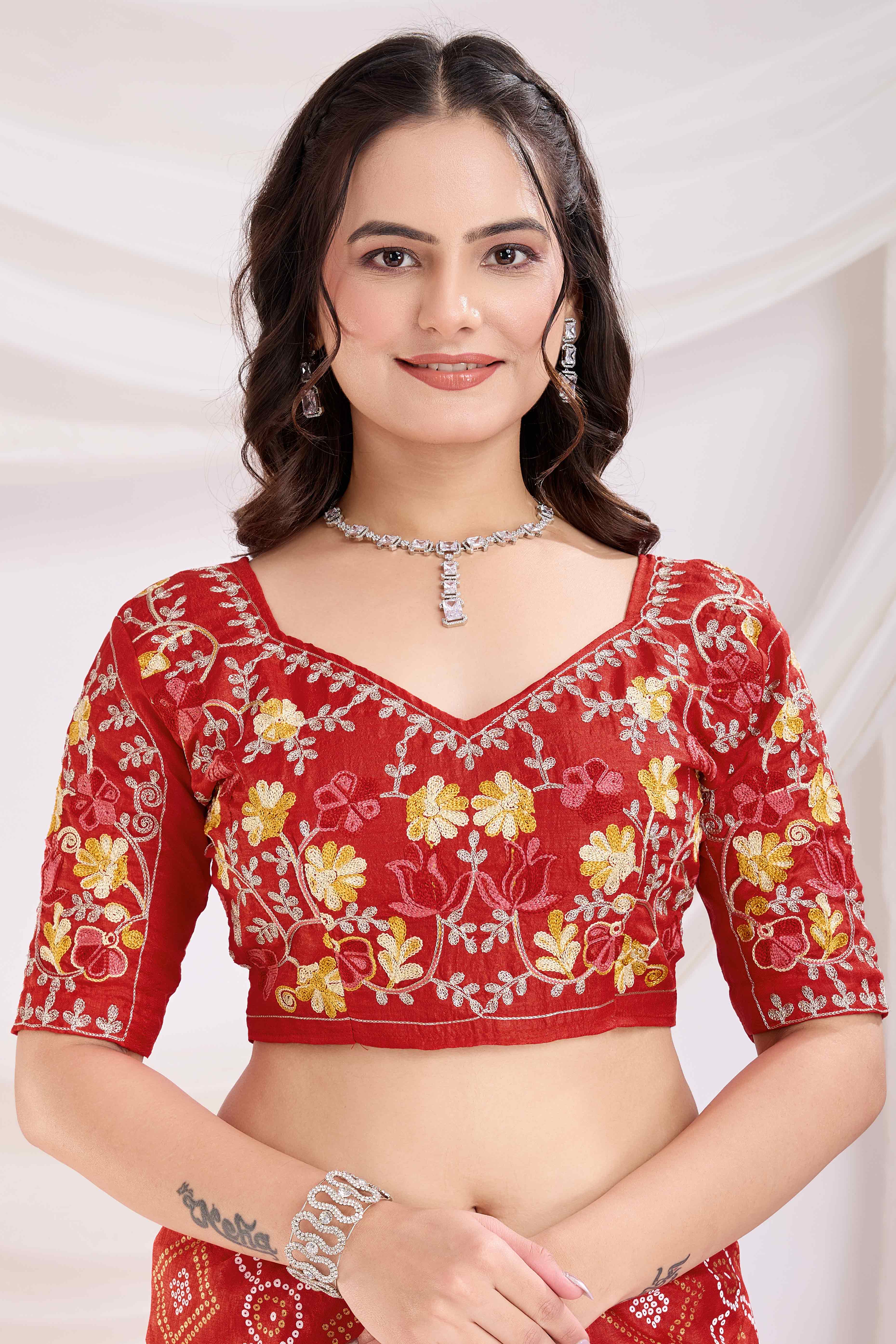 Red Bandhani Printed Vichitra Silk Saree With Embroidery Border