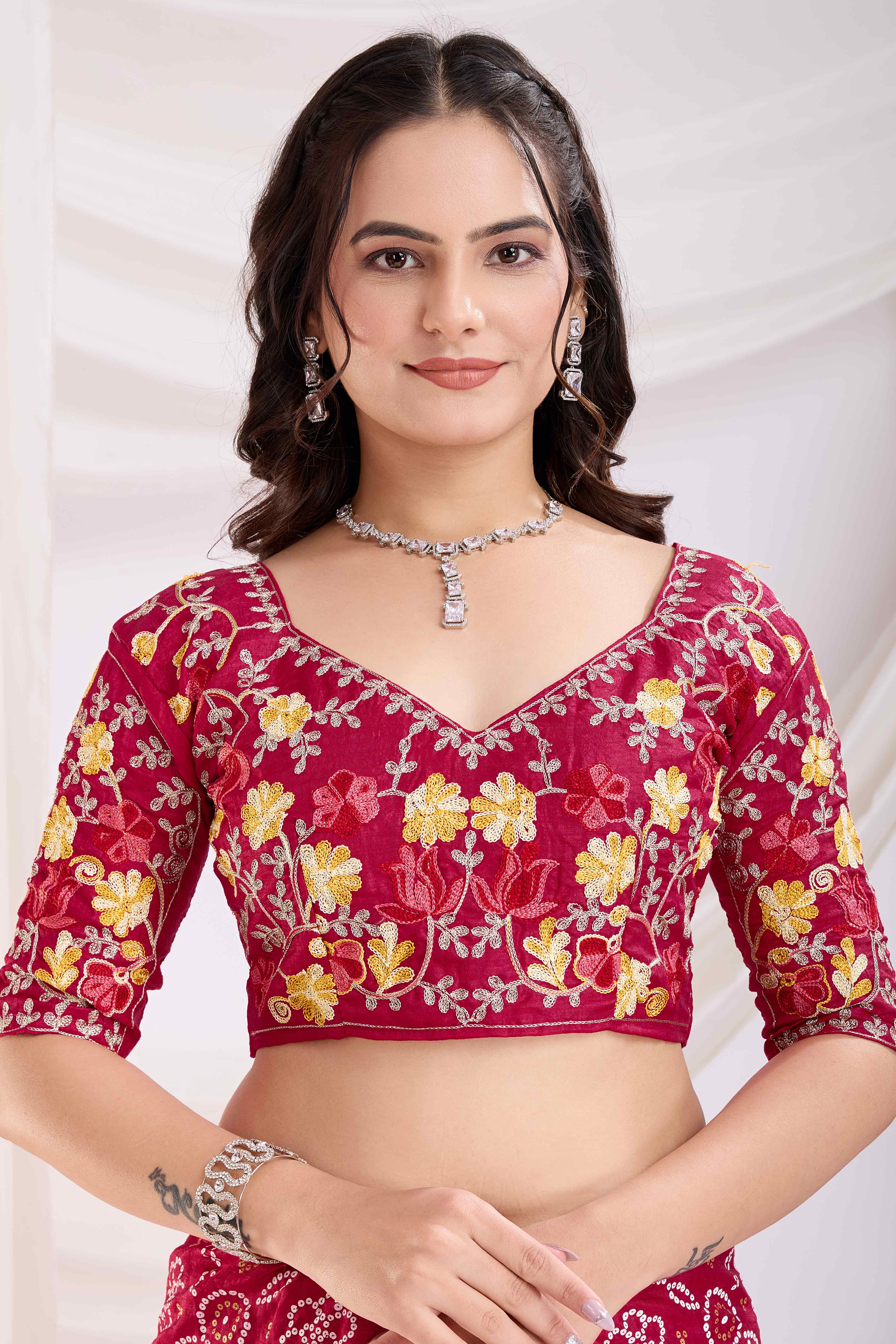 Cherry Red Bandhani Printed Vichitra Silk Saree With Embroidery Border