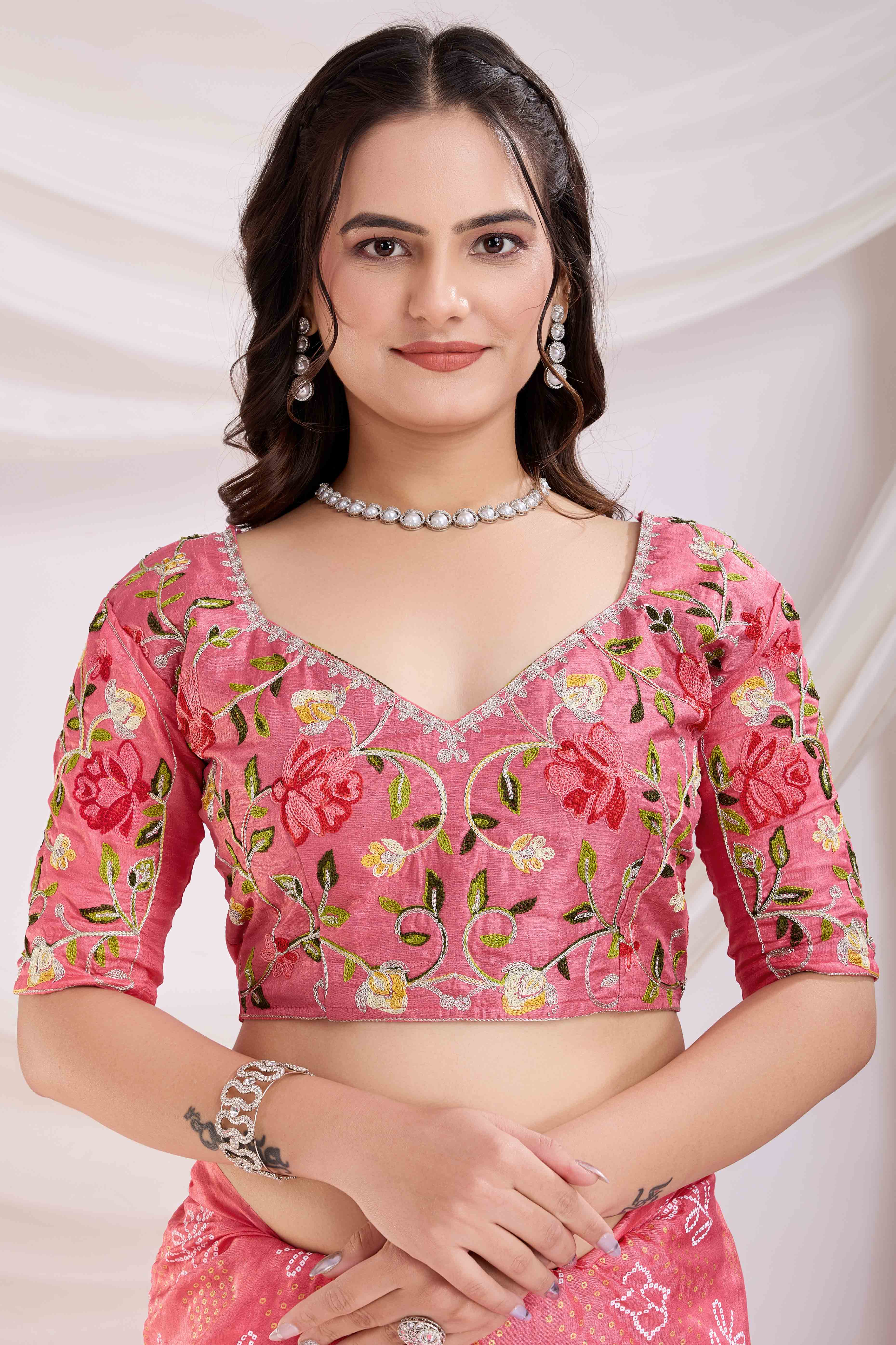 Pink Bandhani Printed With Embroidered Border Vichitra Silk Saree