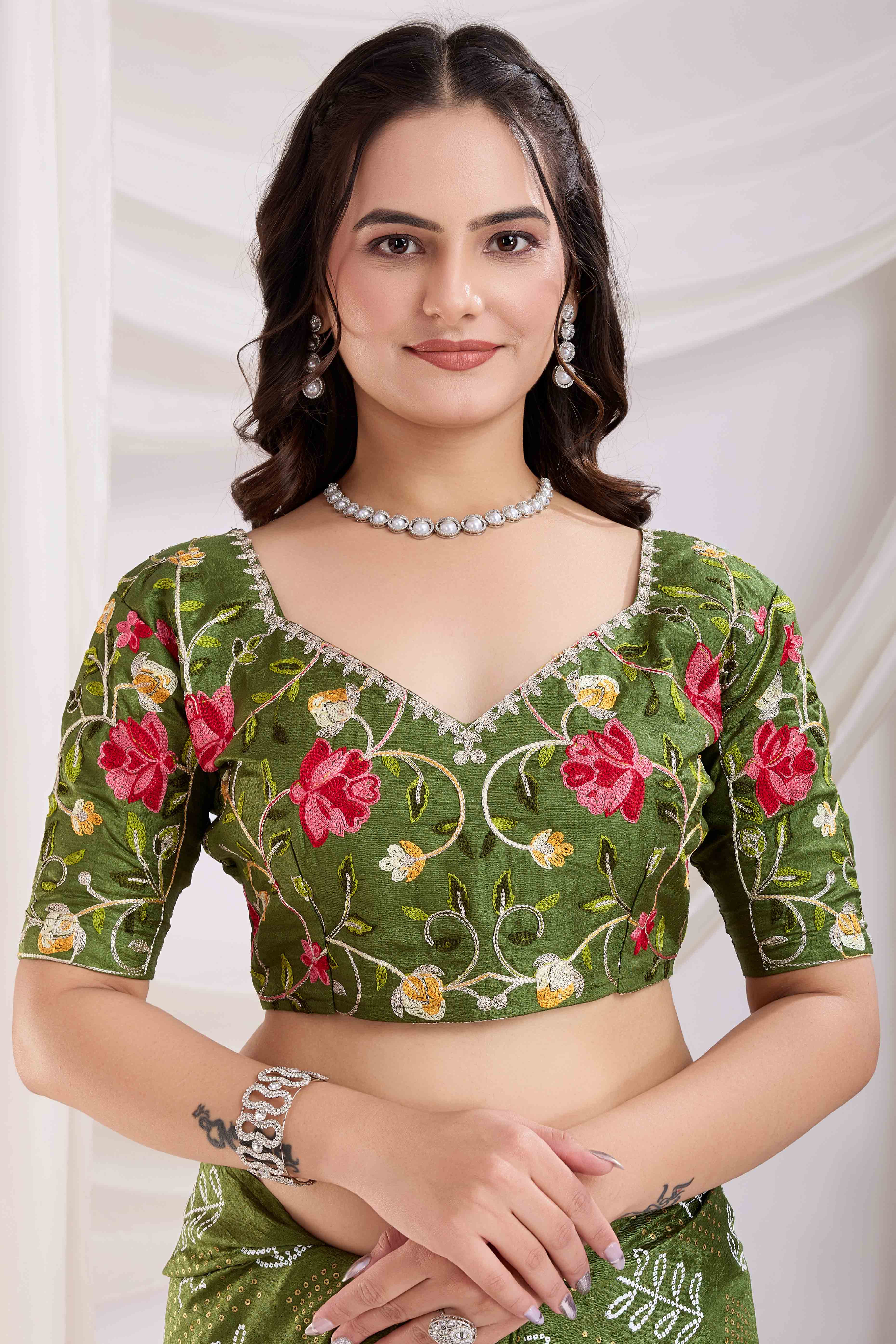 Green Bandhani Printed With Embroidered Border Vichitra Silk Saree