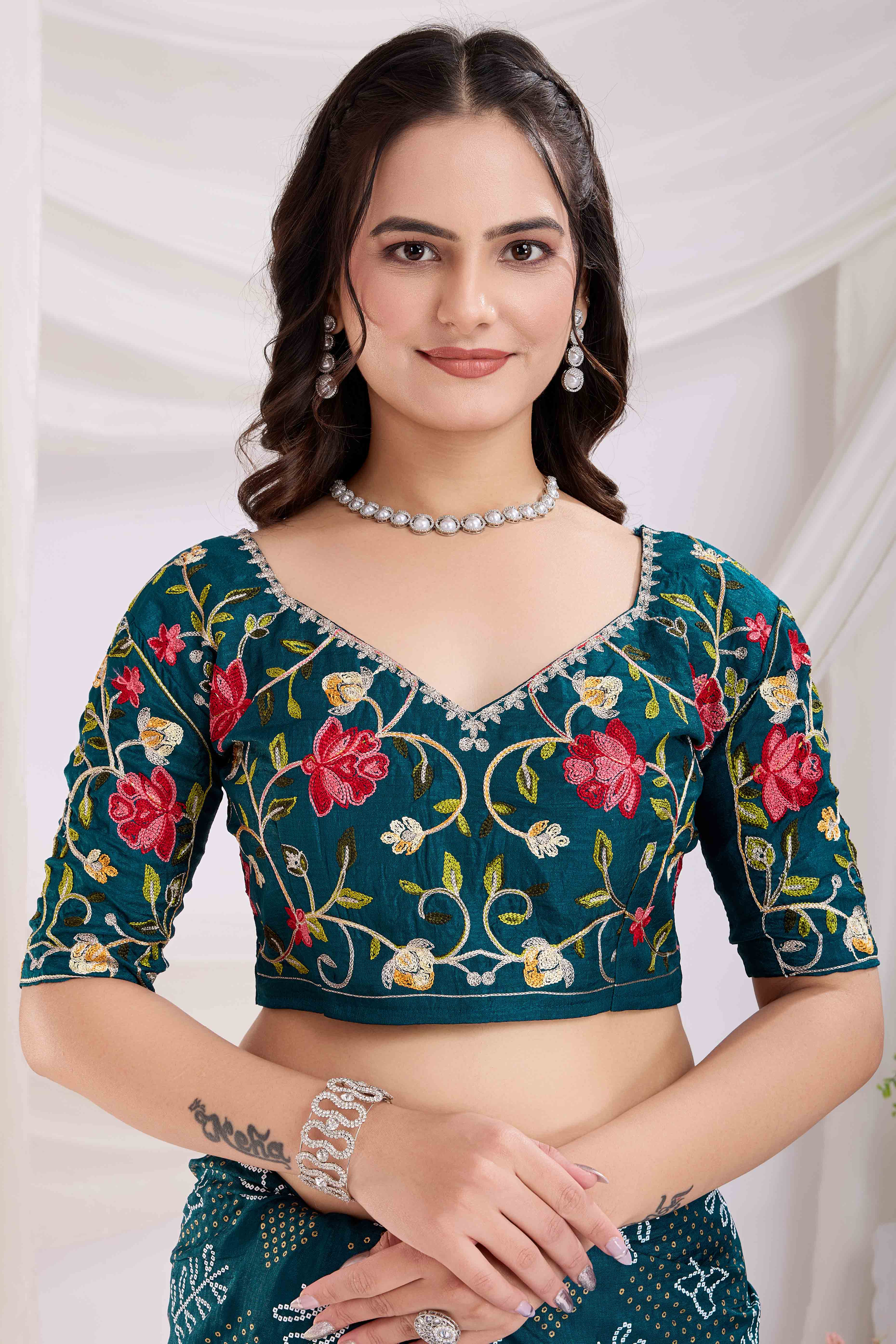 Teal Bandhani Printed With Embroidered Border Vichitra Silk Saree