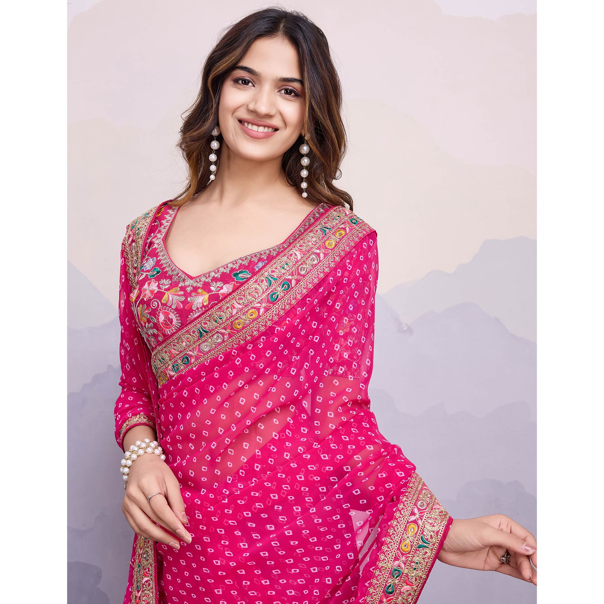 Rani Pink Bandhani Printed Georgette Saree With Embroidered Lace Border