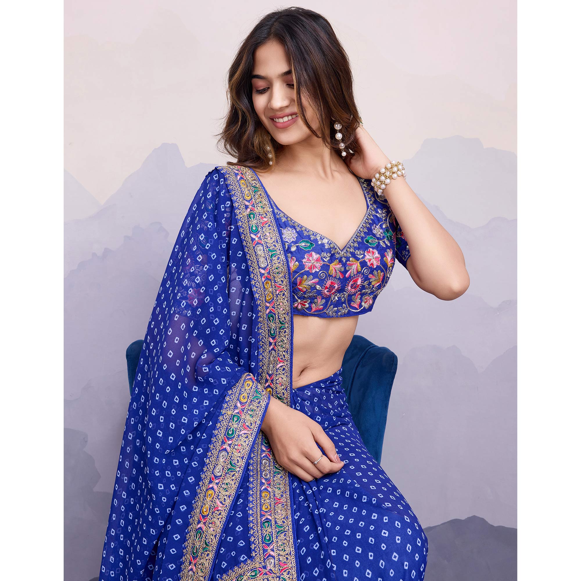 Blue Bandhani Printed Georgette Saree With Embroidered Lace Border