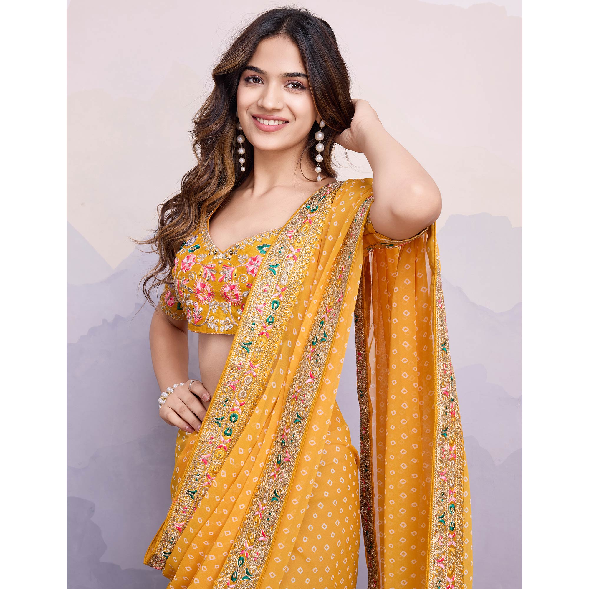 Yellow Bandhani Printed Georgette Saree With Embroidered Lace Border