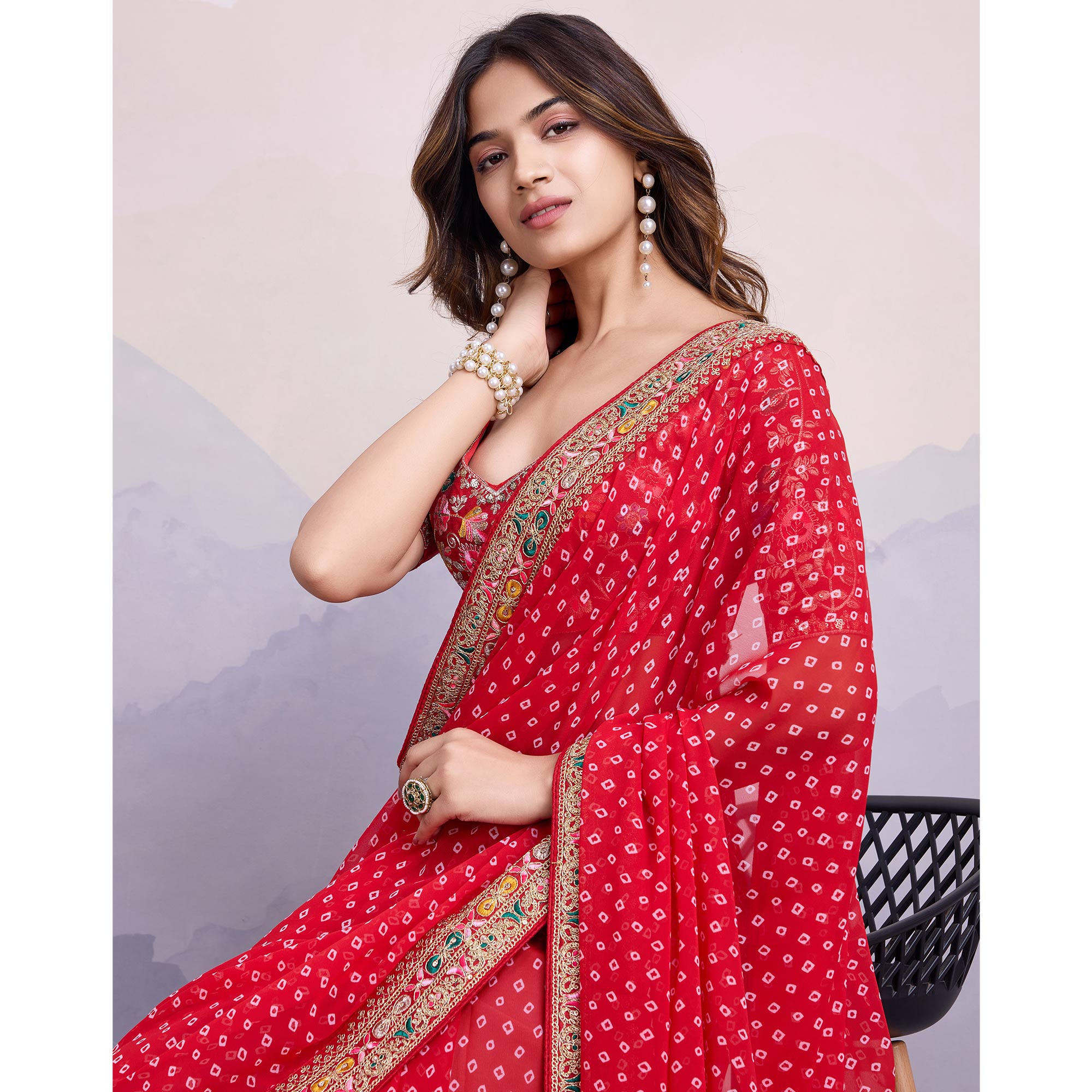 Red Bandhani Printed Georgette Saree With Embroidered Lace Border