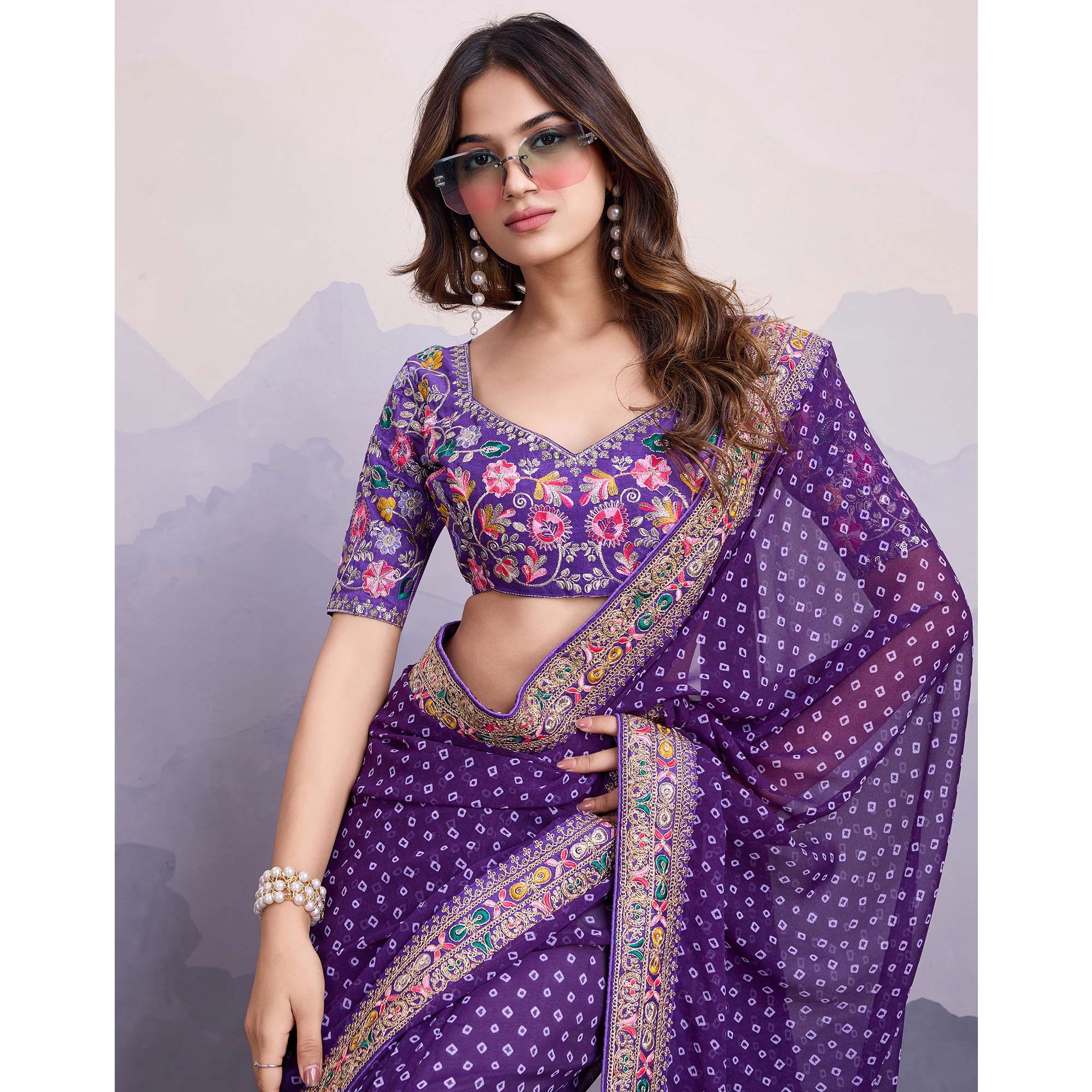 Purple Bandhani Printed Georgette Saree With Embroidered Lace Border