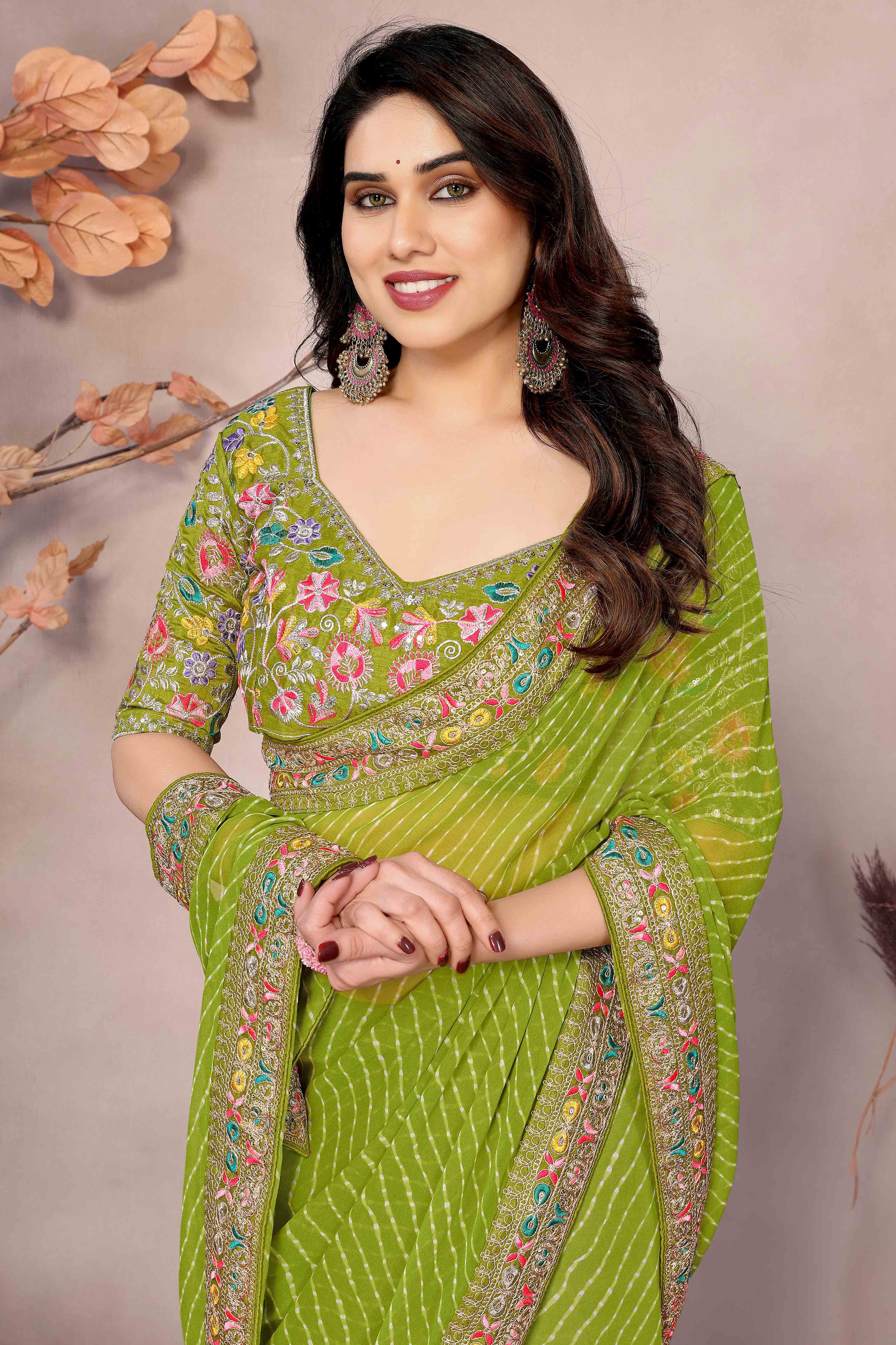 Green Striped Printed Georgette Saree With Glittering Sequin Cording Embroidered Border