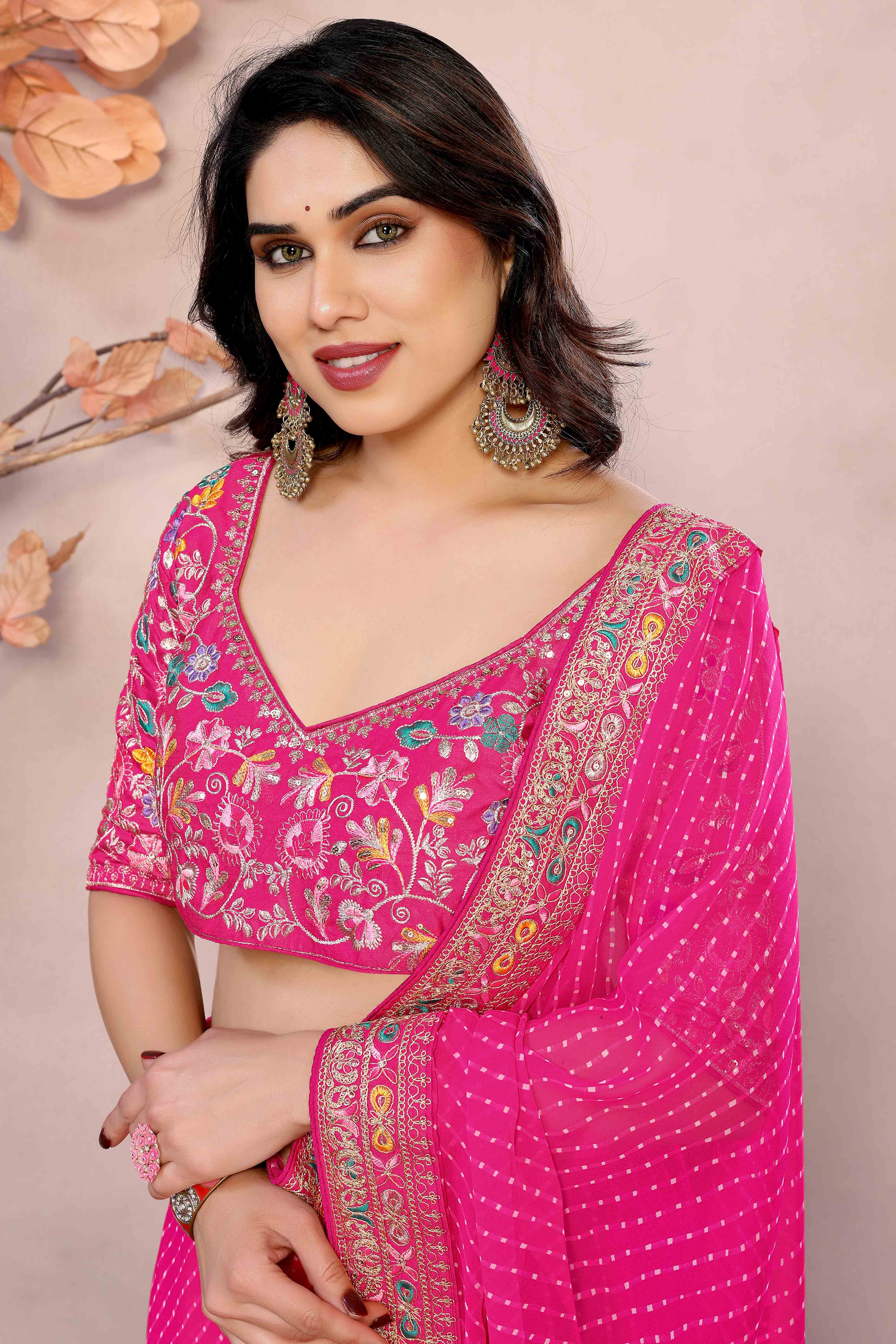 Pink Striped Printed Georgette Saree With Glittering Sequin Cording Embroidered Border