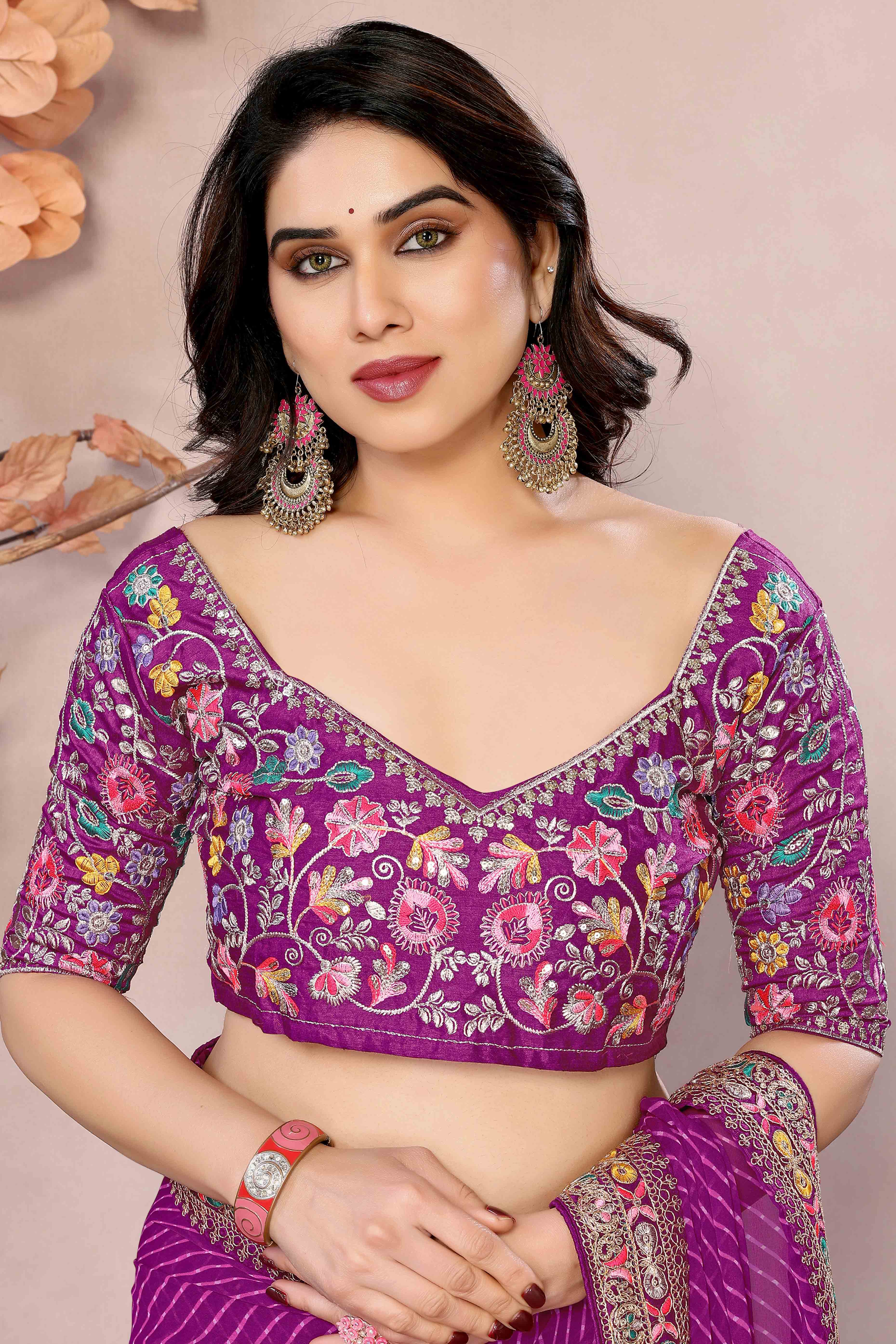 Purple Striped Printed Georgette Saree With Glittering Sequin Cording Embroidered Border