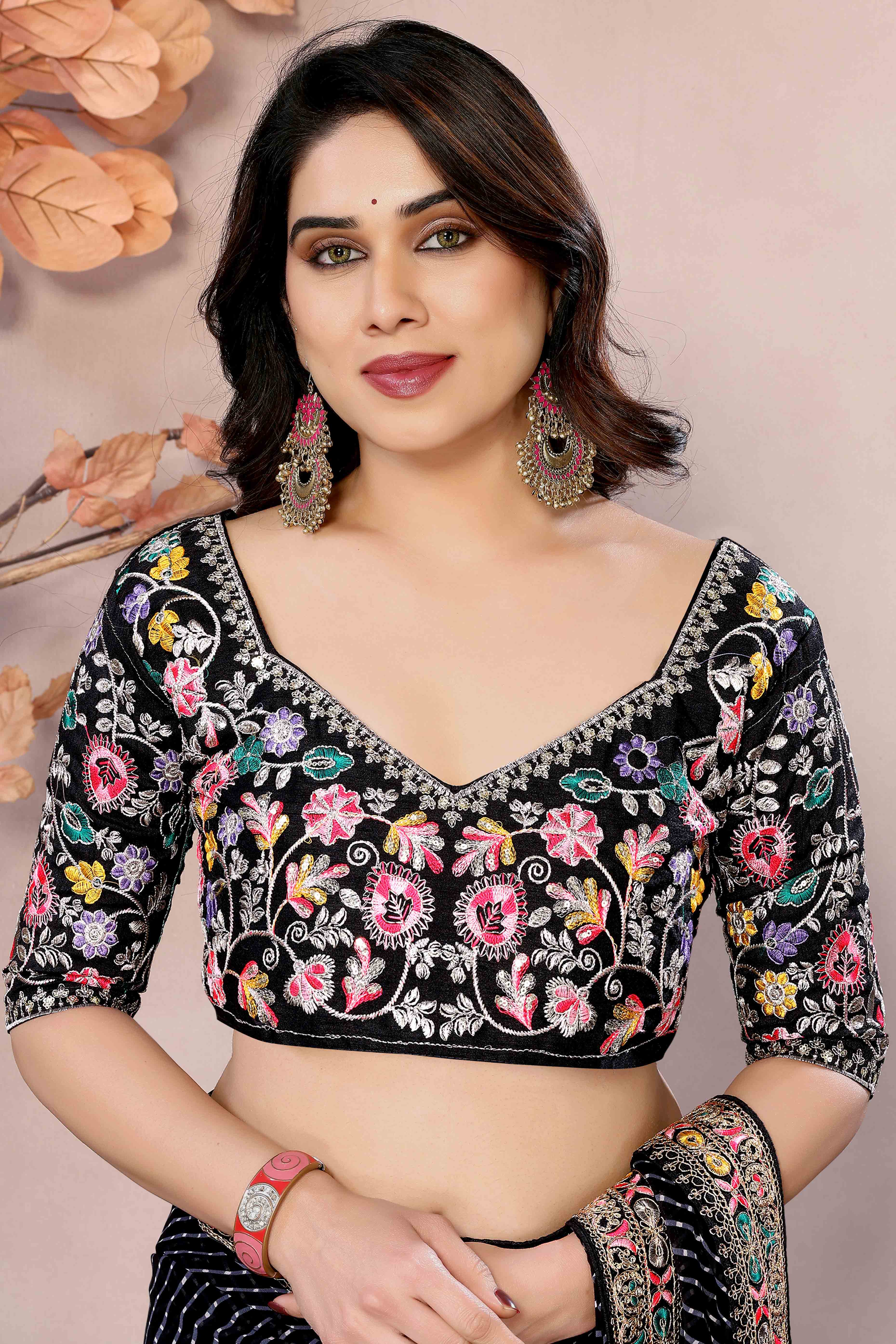 Black Striped Printed Georgette Saree With Glittering Sequin Cording Embroidered Border