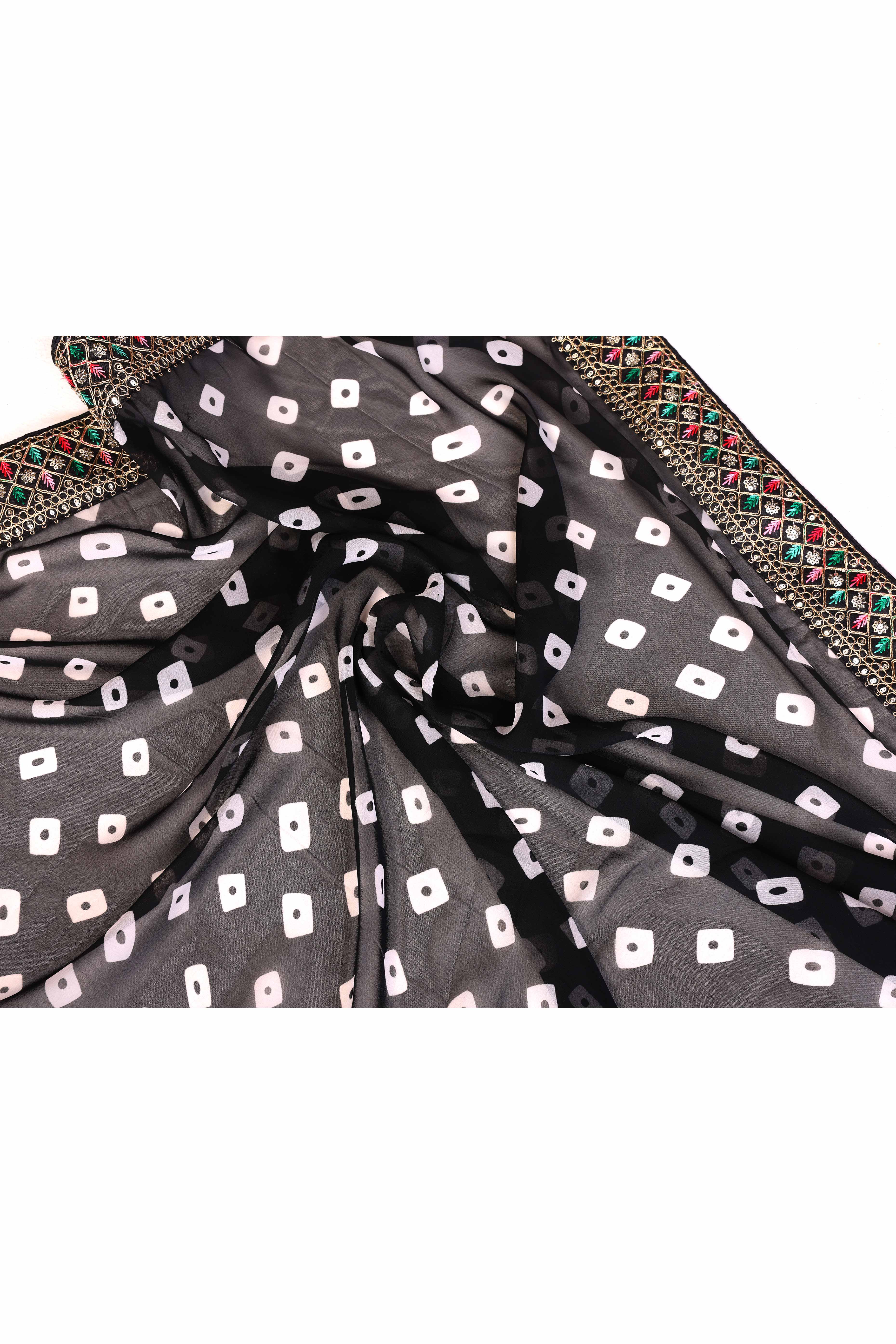 Black Georgette Saree With Bandhani Print & Exquisite Cording Embroidery Border