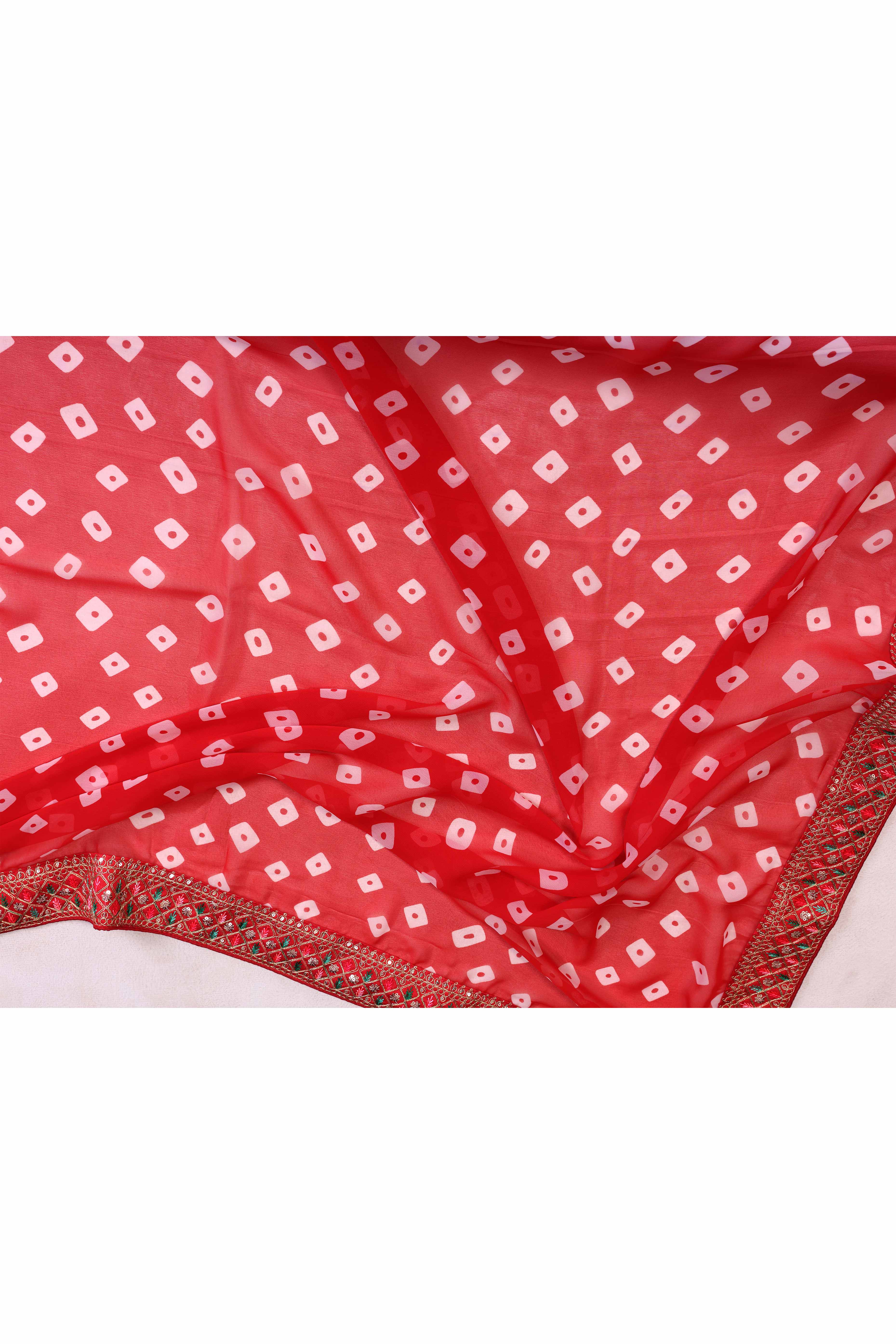 Red Georgette Saree With Bandhani Print & Exquisite Cording Embroidery Border