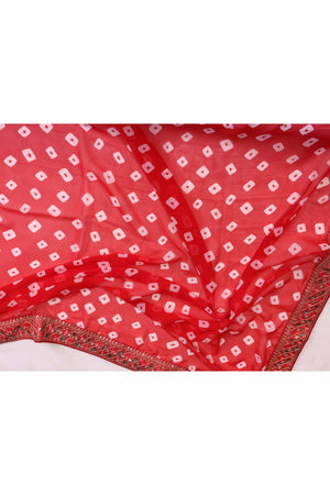 Red Georgette Saree With Bandhani Print & Exquisite Cording Embroidery Border