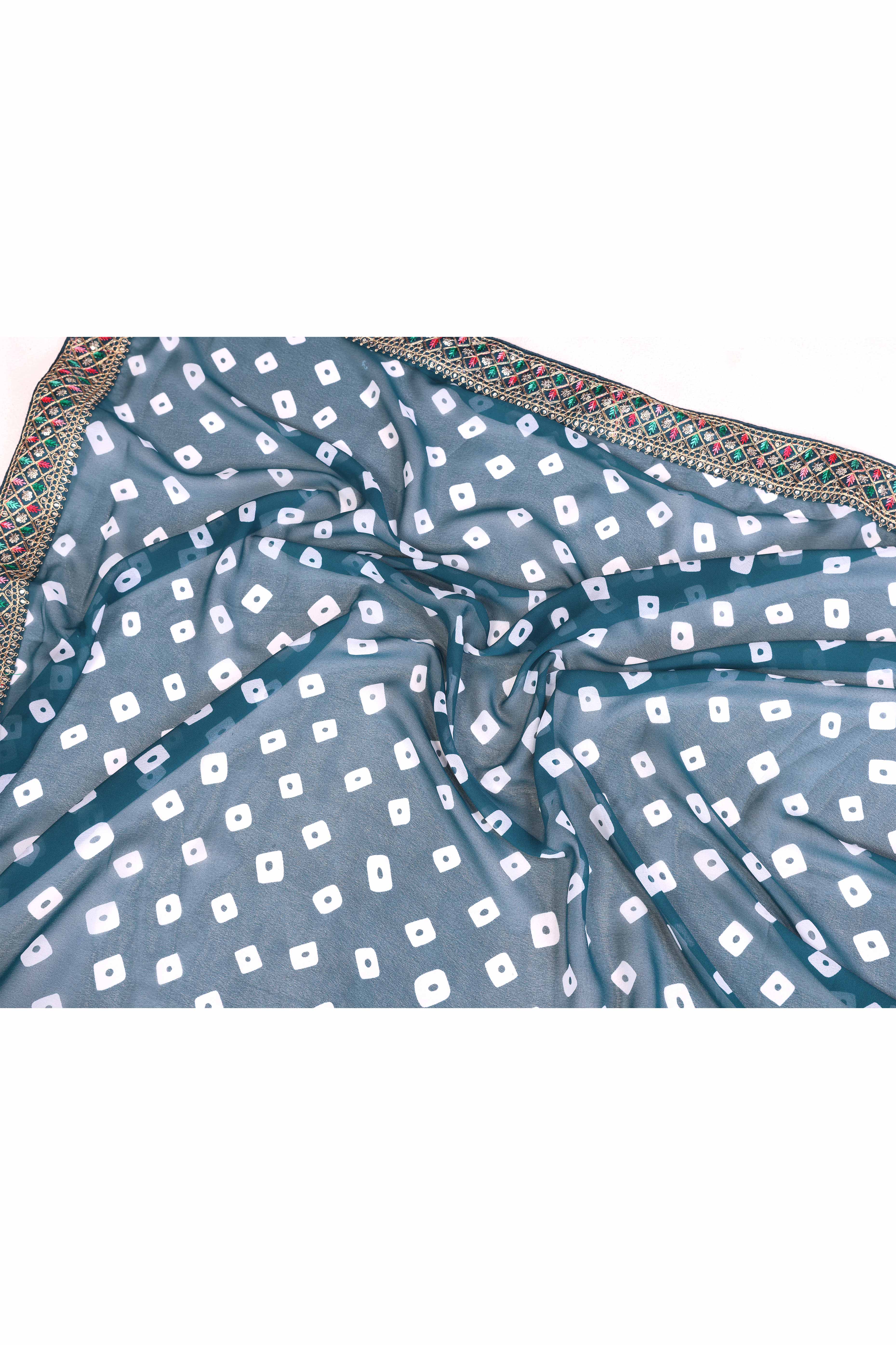 Teal Georgette Saree With Bandhani Print & Exquisite Cording Embroidery Border