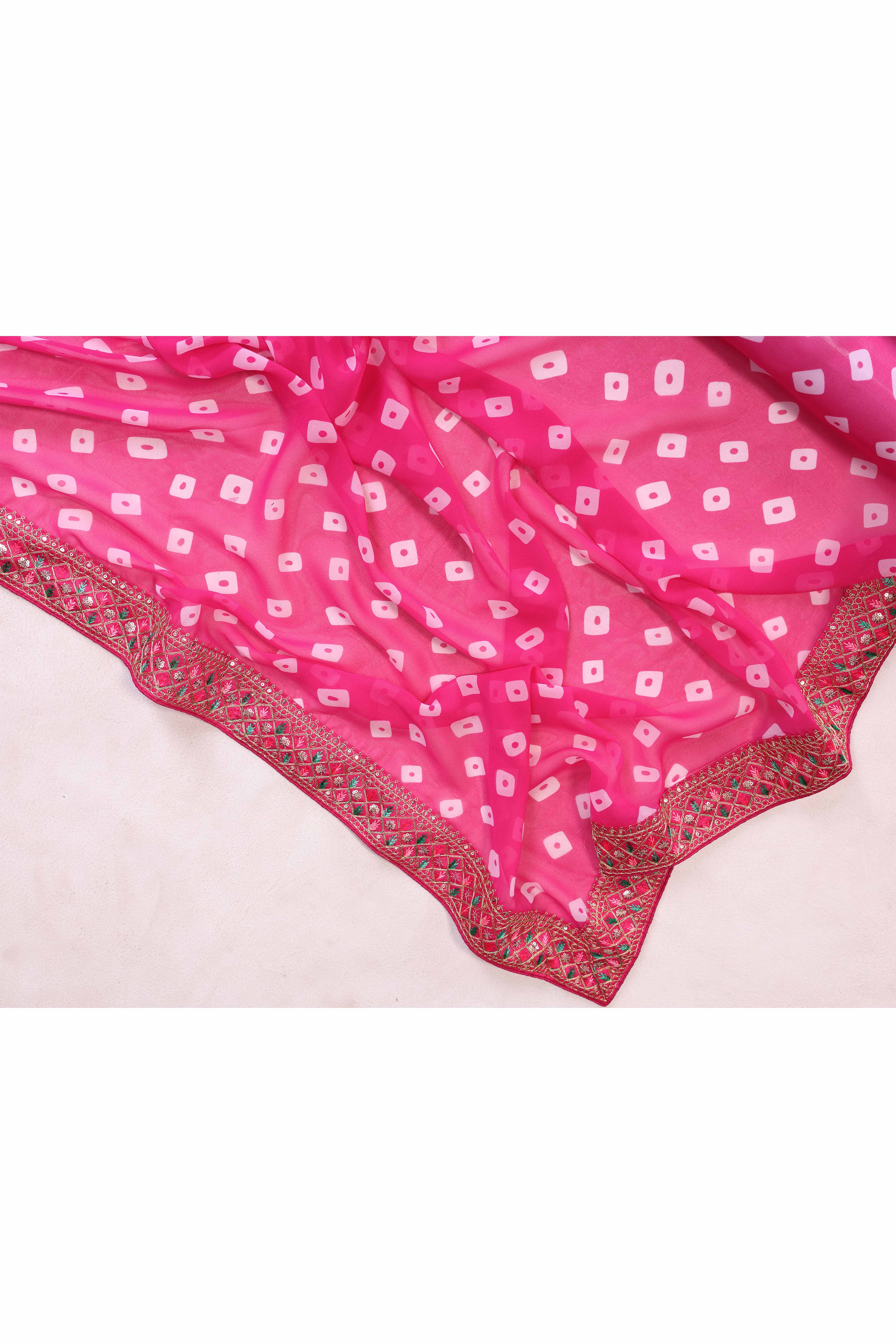 Rani Pink Georgette Saree With Bandhani Print & Exquisite Cording Embroidery Border