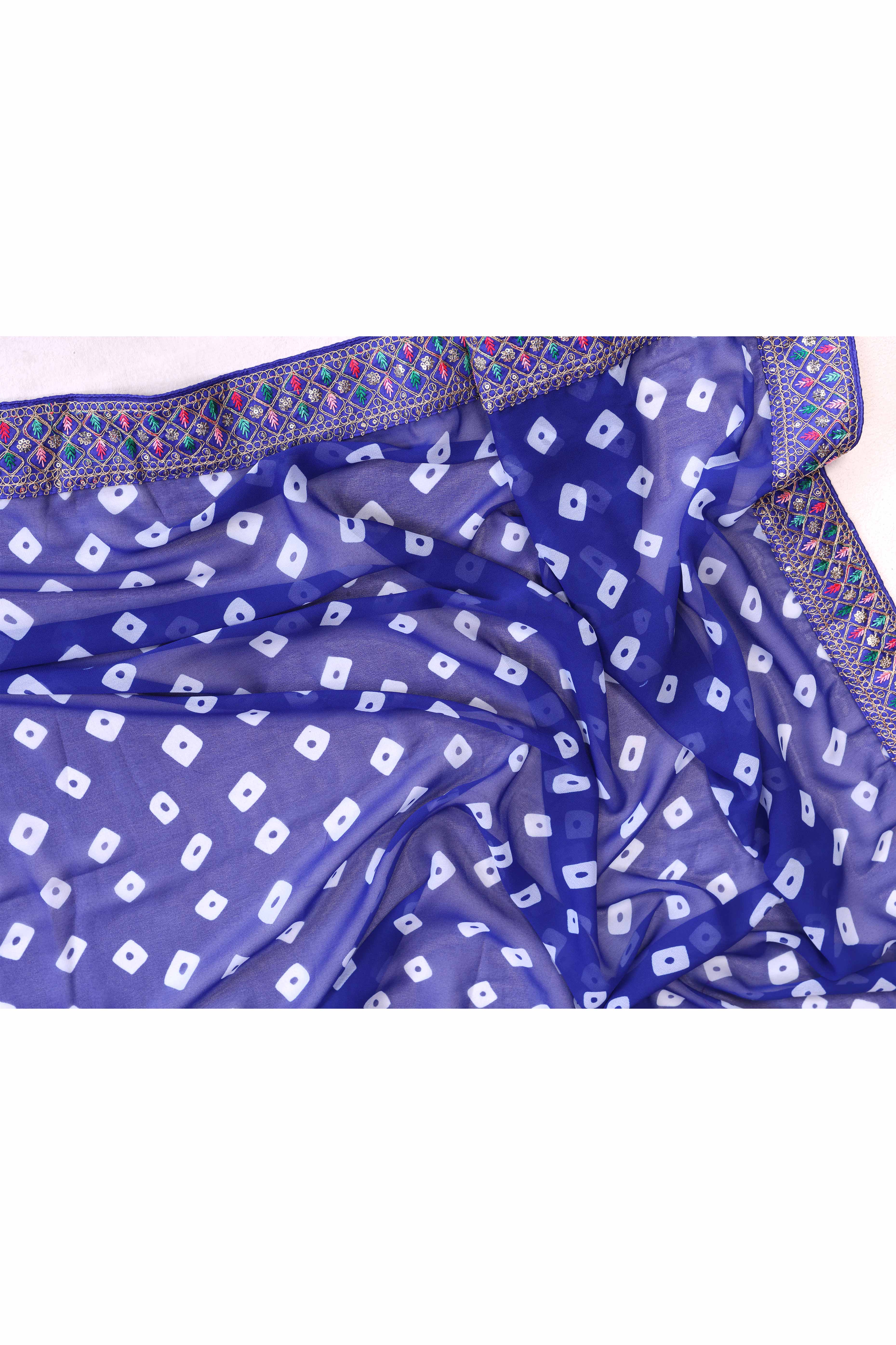 Blue Georgette Saree With Bandhani Print & Exquisite Cording Embroidery Border