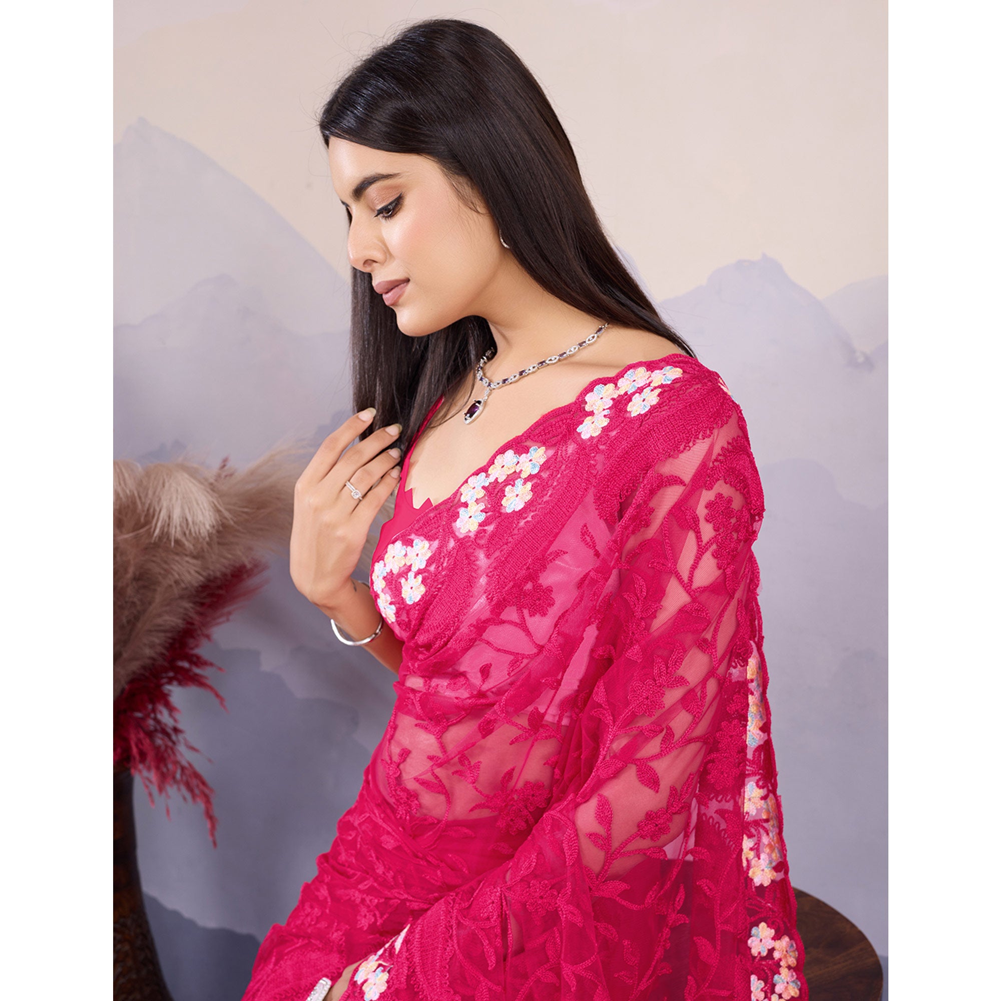 Pink Floral Thread Embroidered Net Saree