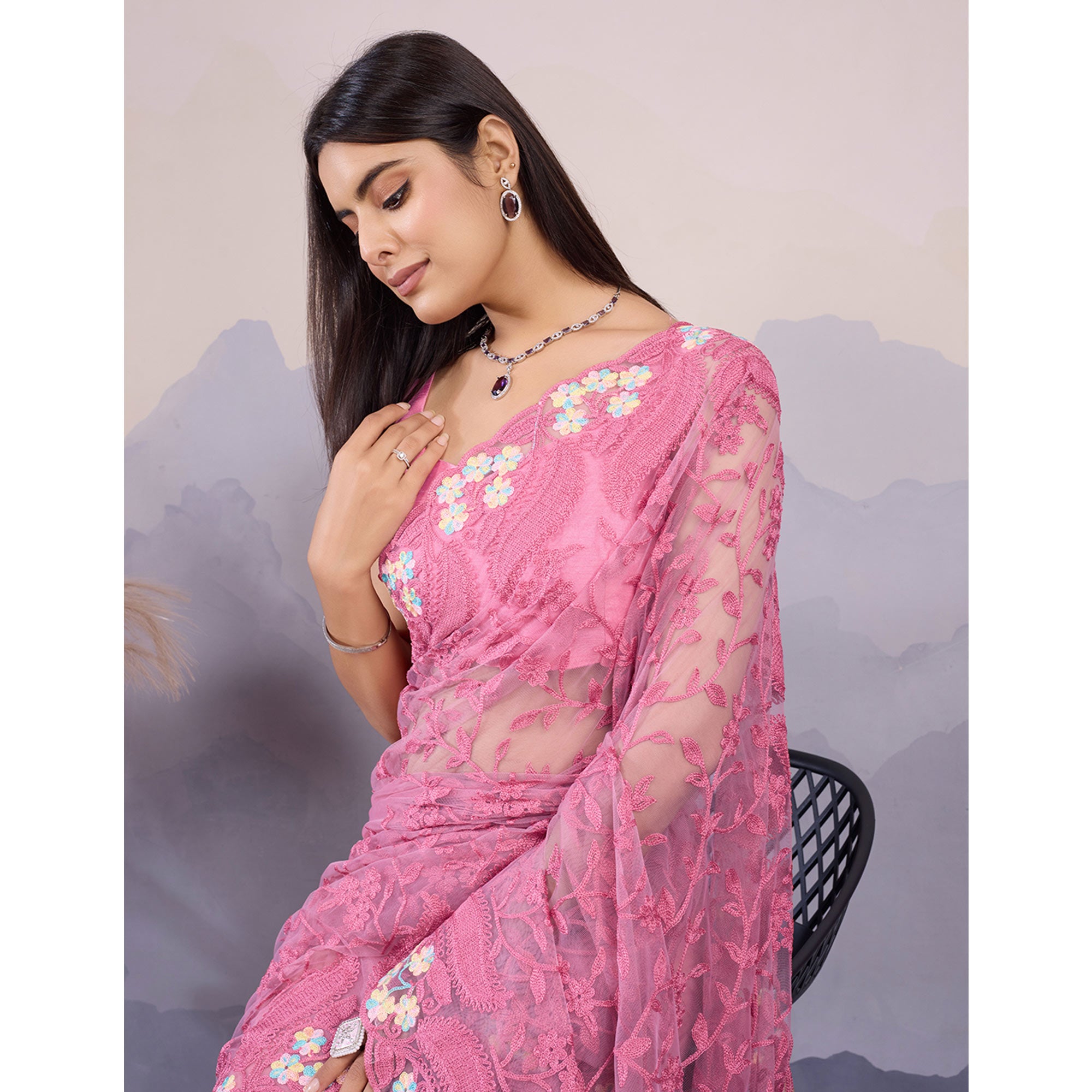Baby Pink Floral Embroidered Net Saree