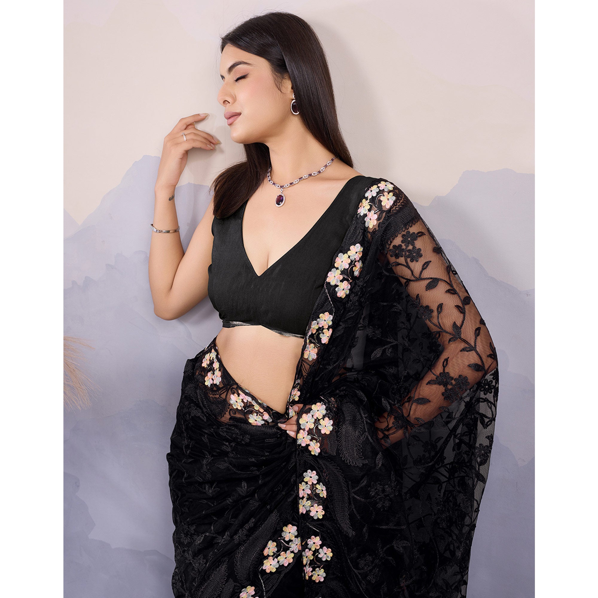 Black Floral Thread Embroidered Net Saree