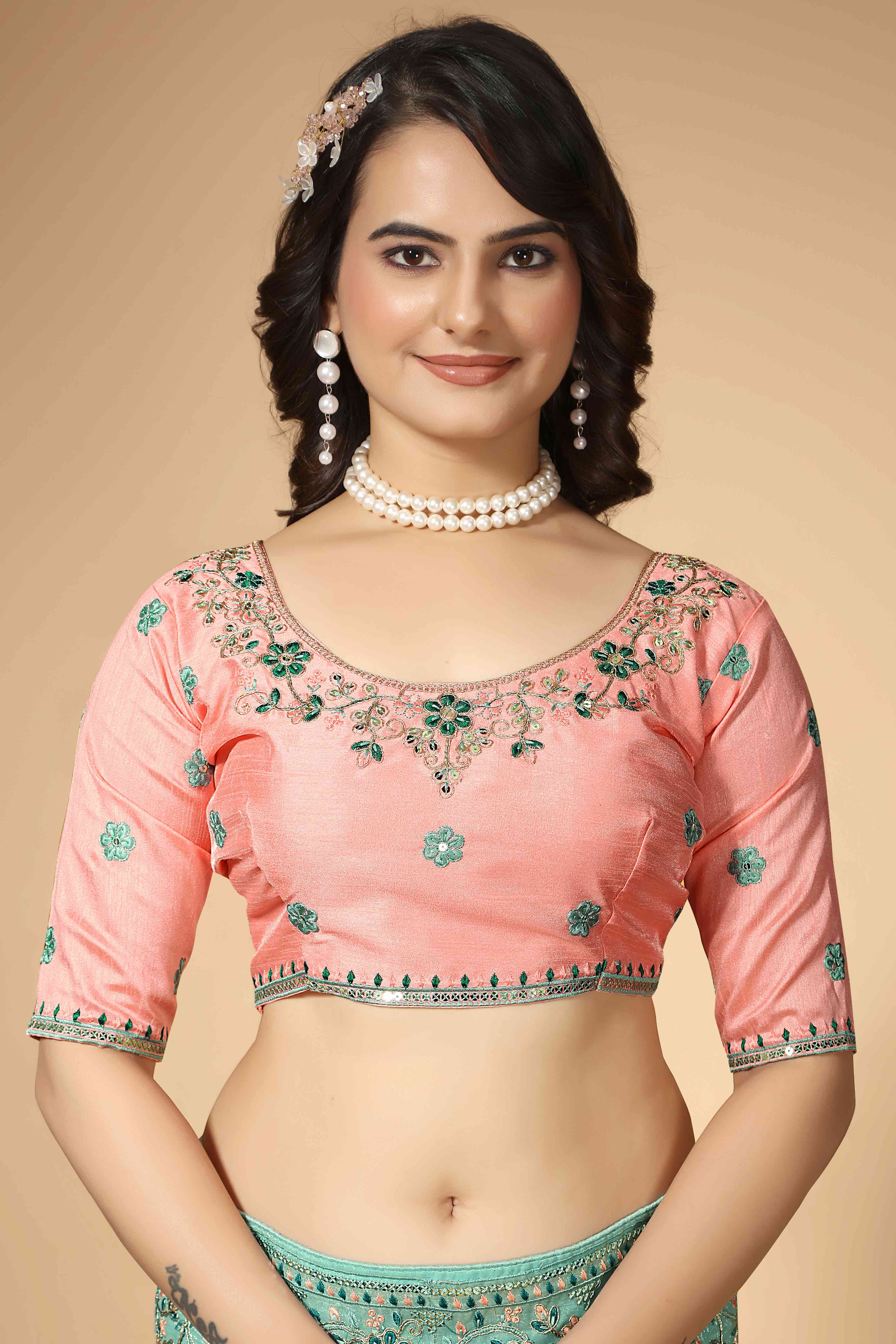 Turquoise Floral Sequins Embroidered Organza Silk Saree