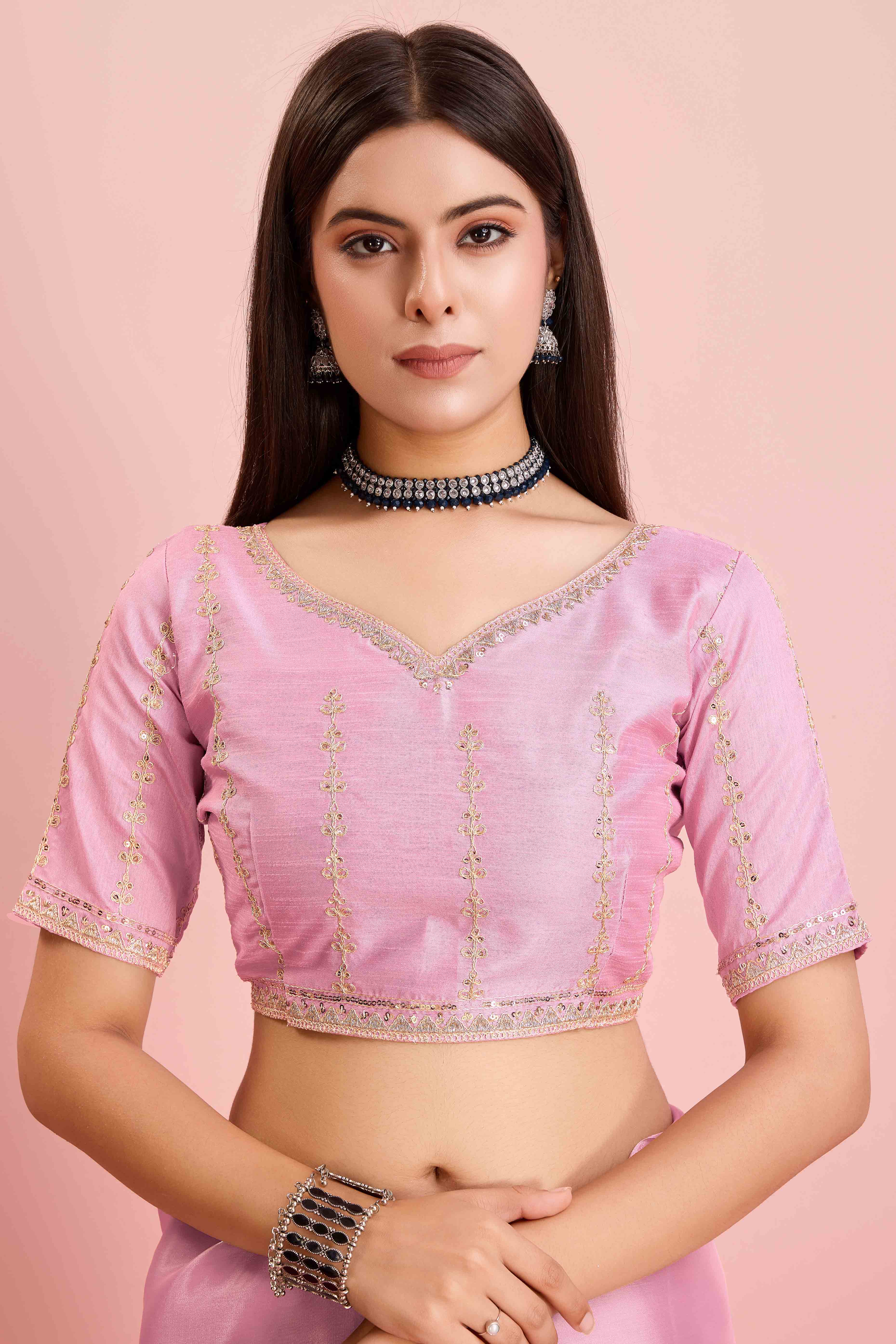 Pink Solid With Floral Sequins Embroidered Jimmy Choo Tissue Saree