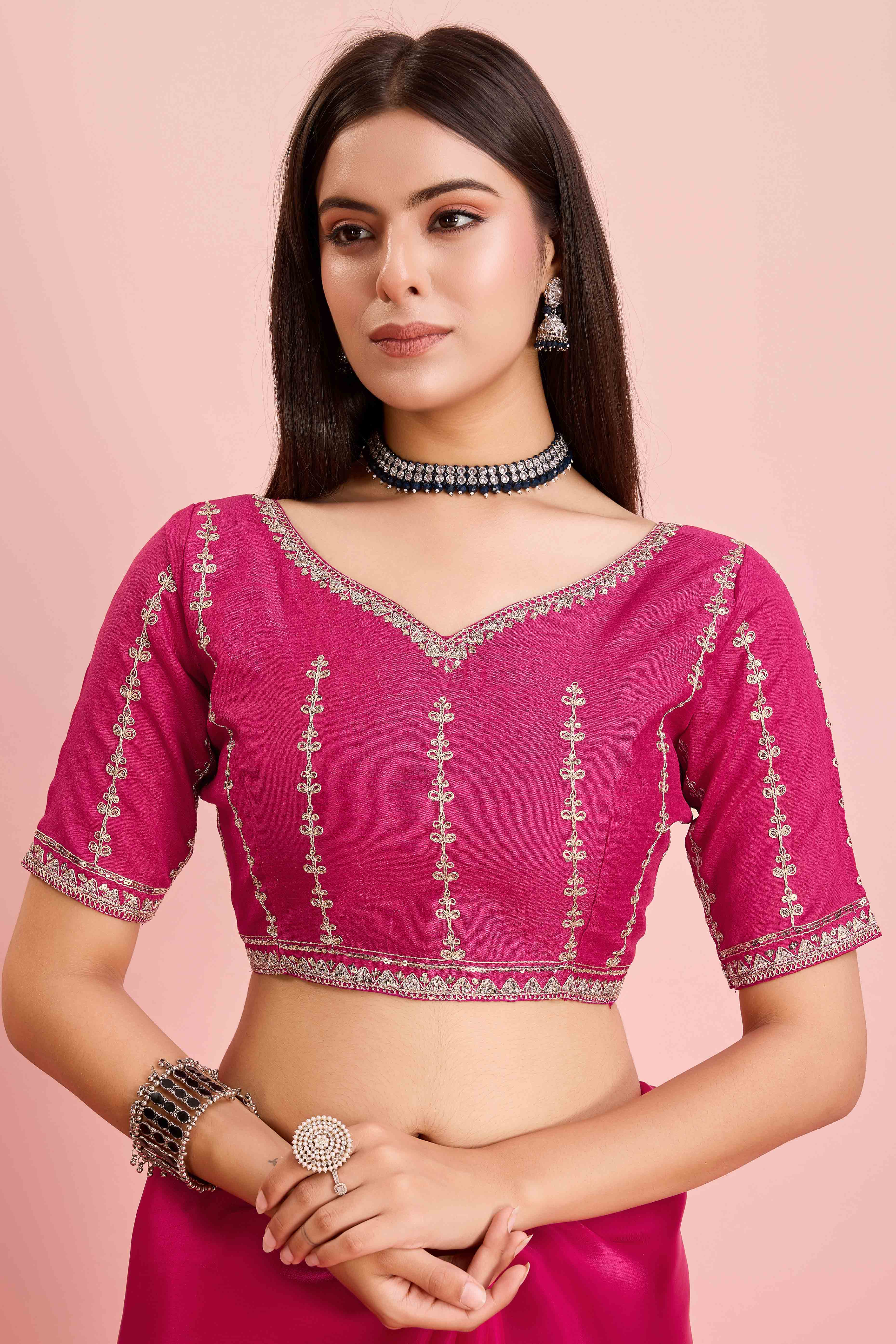 Rani Pink Solid With Floral Sequins Embroidered Jimmy Choo Tissue Saree