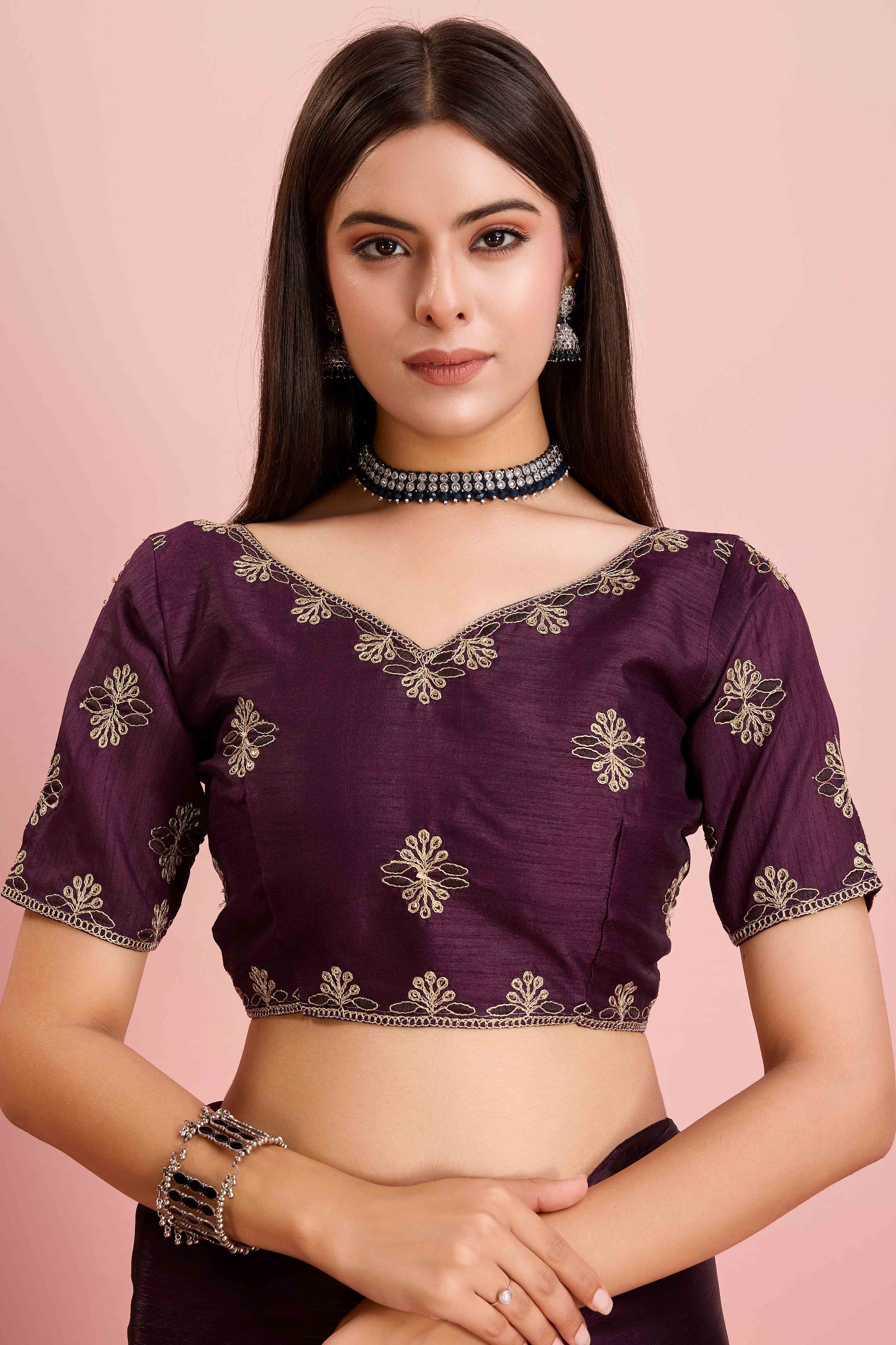 Wine Solid With Sequins Embroidery Border Mulberry Silk Saree