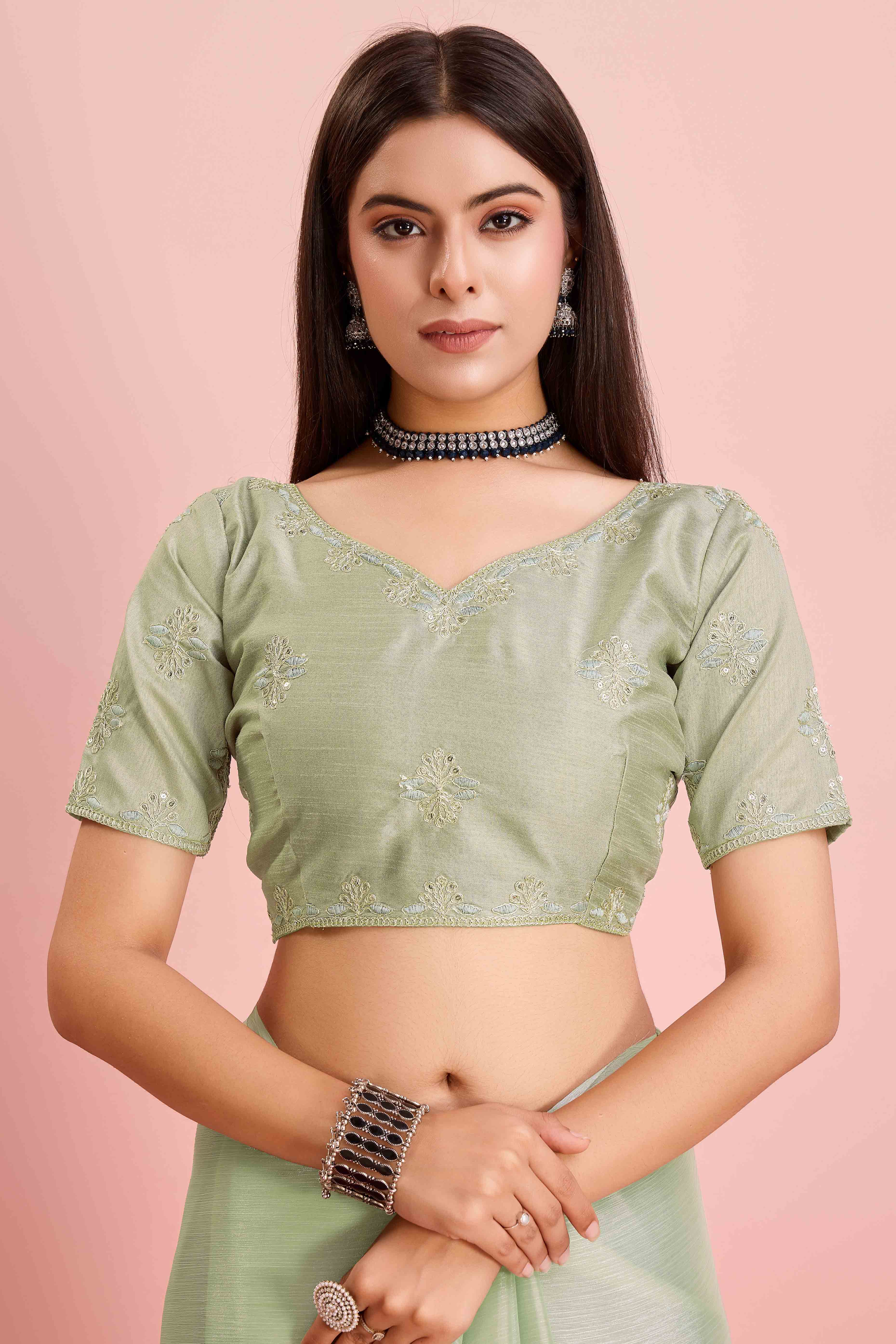 Green Solid With Sequins Embroidery Border Mulberry Silk Saree