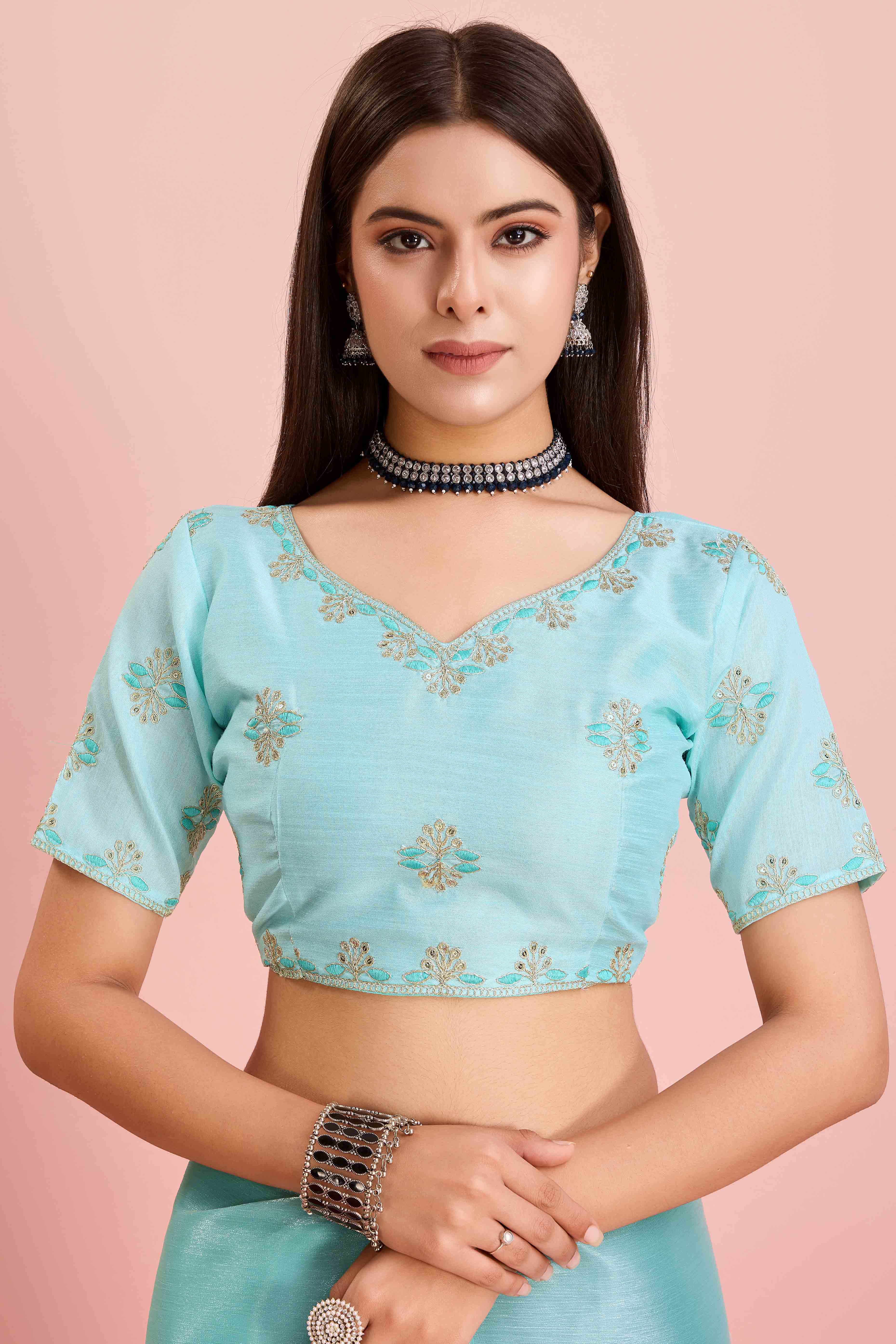 Blue Solid With Sequins Embroidery Border Mulberry Silk Saree